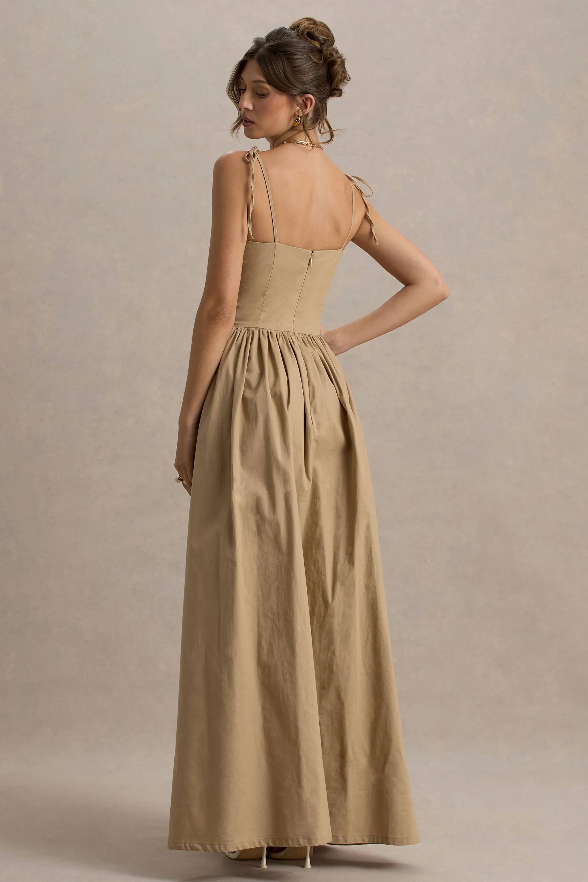 Comet | Tan Maxi Dress with Plunge Neckline and Front High Split sold by Club L London product image thumbnail 2