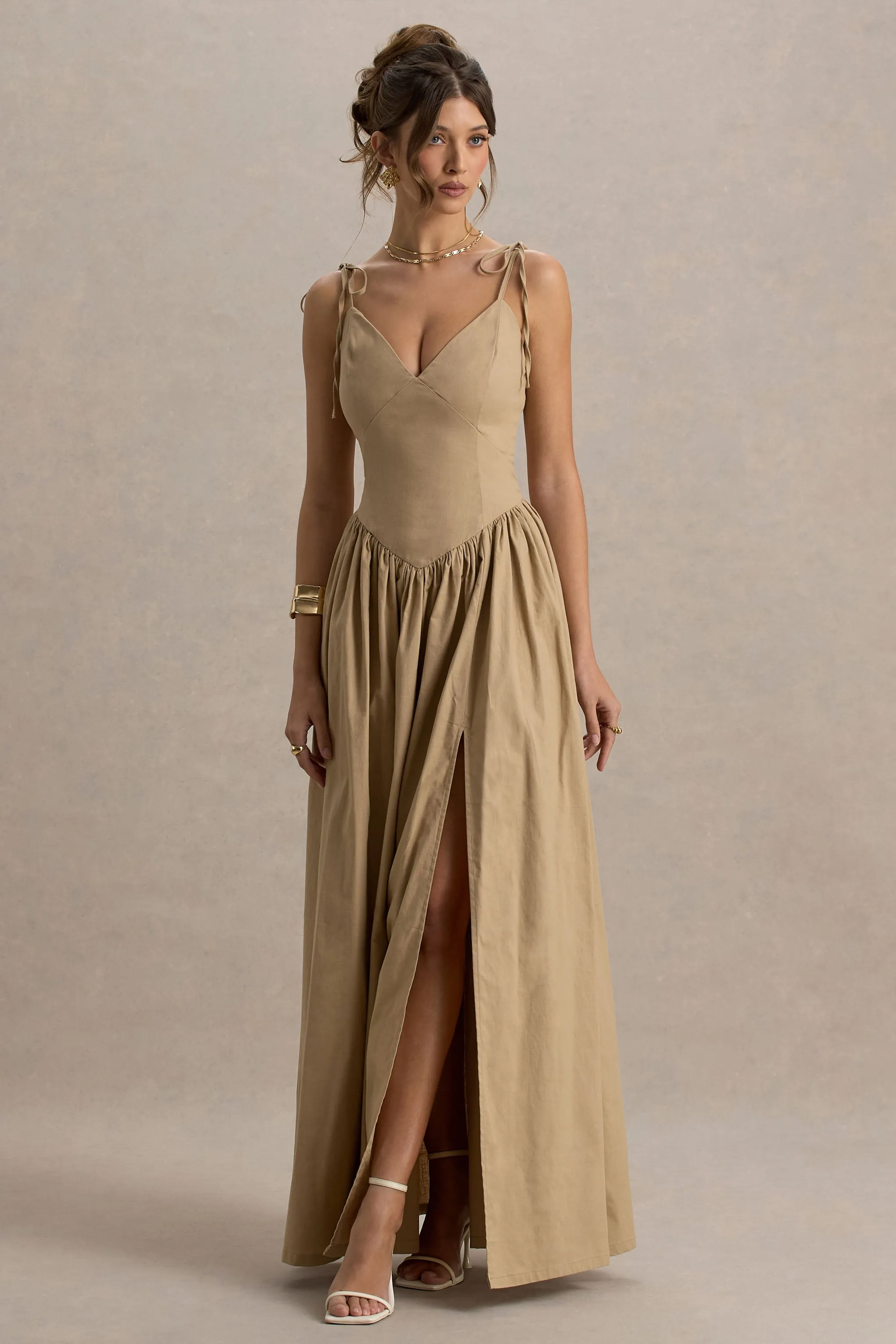 Comet | Tan Maxi Dress with Plunge Neckline and Front High Split sold by Club L London product image thumbnail 5