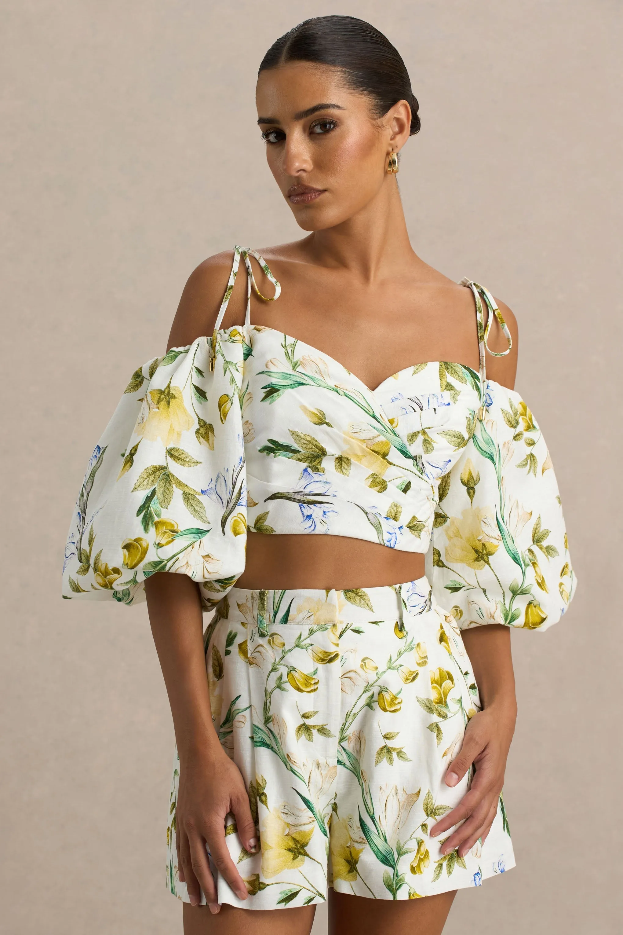 Amberly | White Botanical Print Plunge-Neck Ruffled Crop Top sold by Club L London product image thumbnail 4