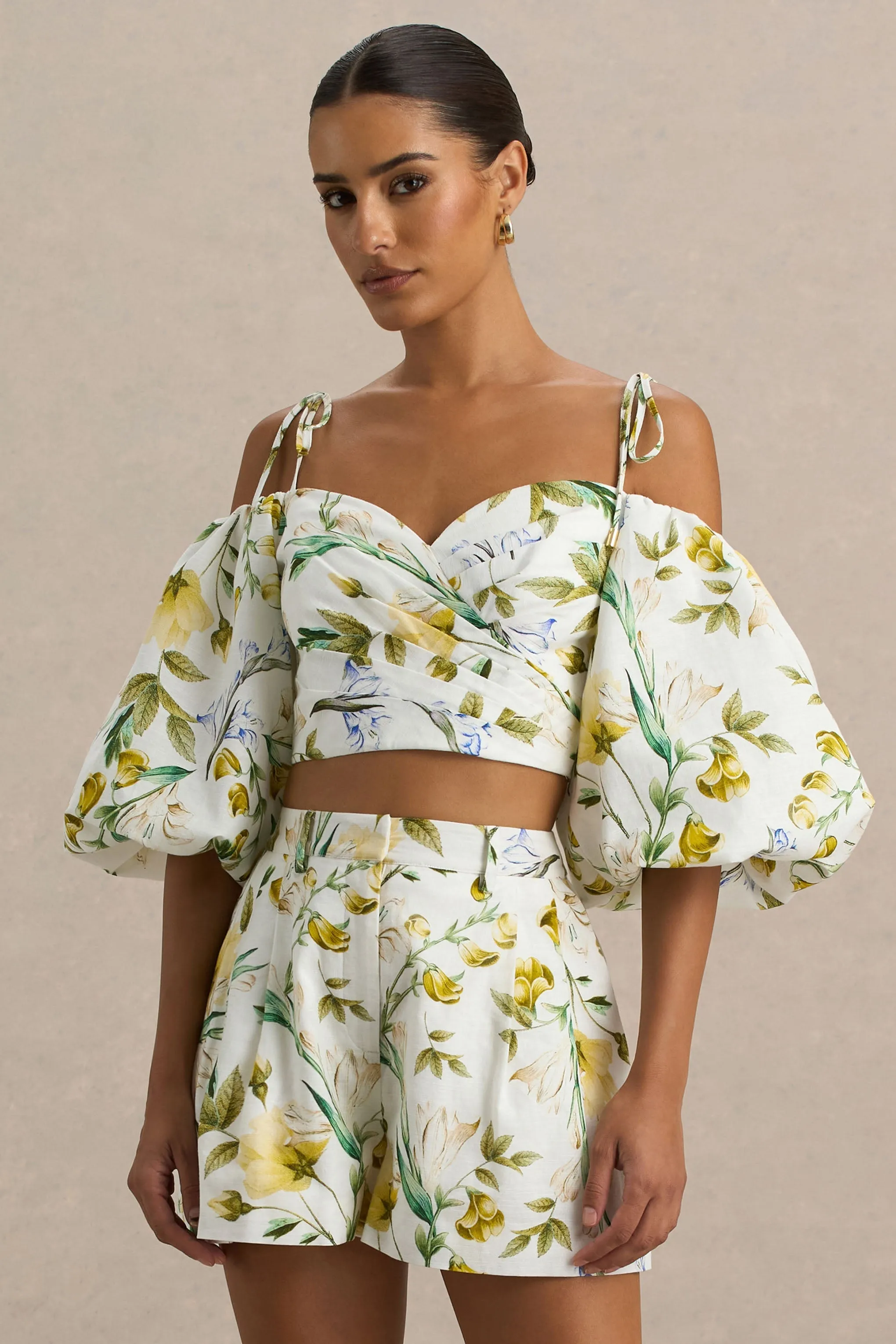 Amberly | White Botanical Print Plunge-Neck Ruffled Crop Top sold by Club L London