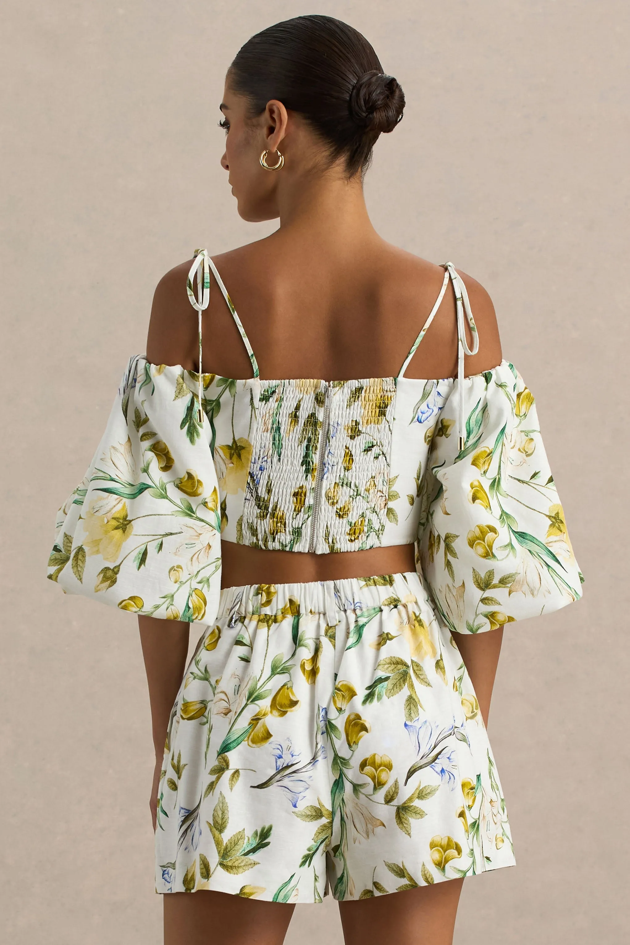 Amberly | White Botanical Print Plunge-Neck Ruffled Crop Top sold by Club L London product image thumbnail 2