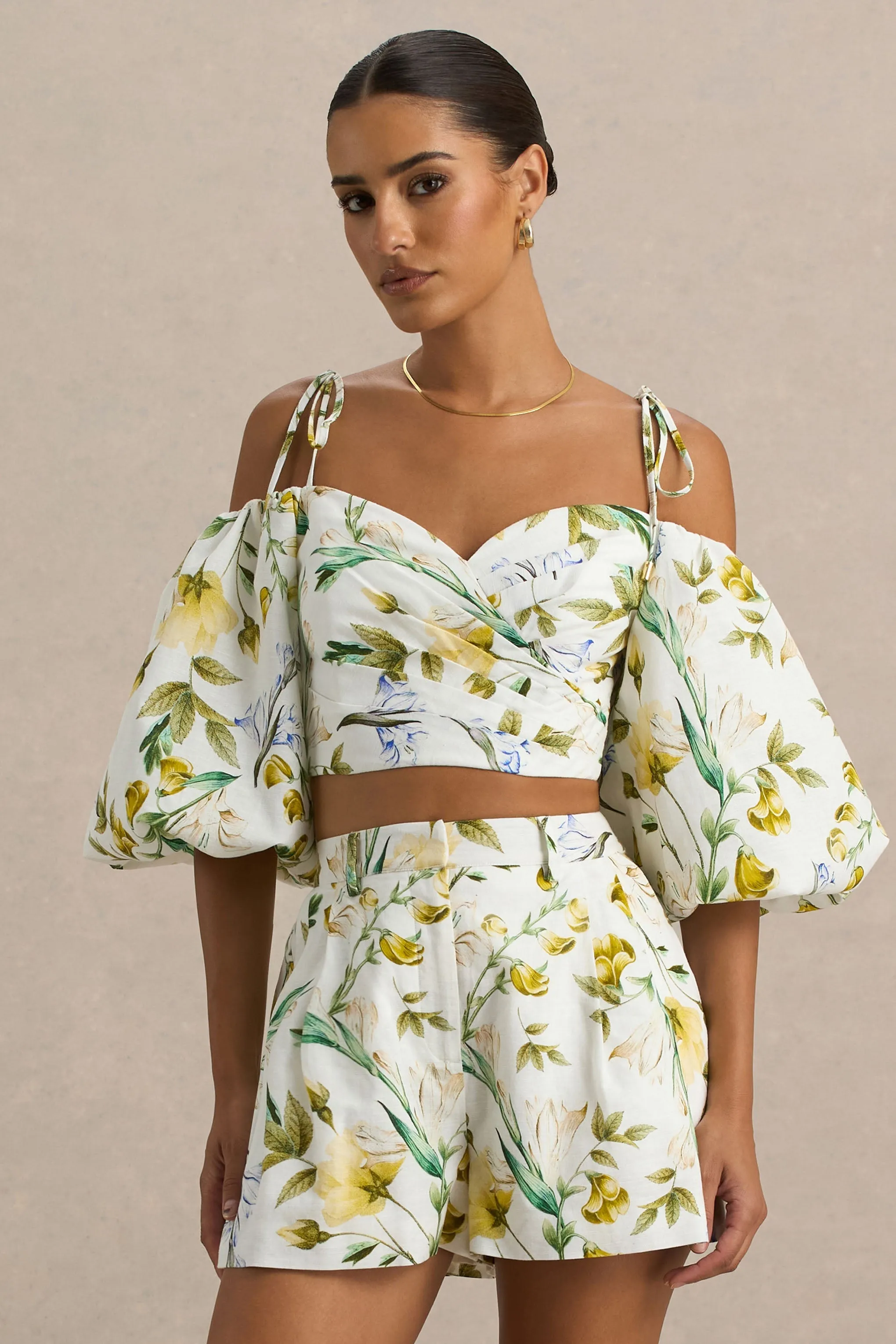 Amberly | White Botanical Print Plunge-Neck Ruffled Crop Top sold by Club L London product image thumbnail 3
