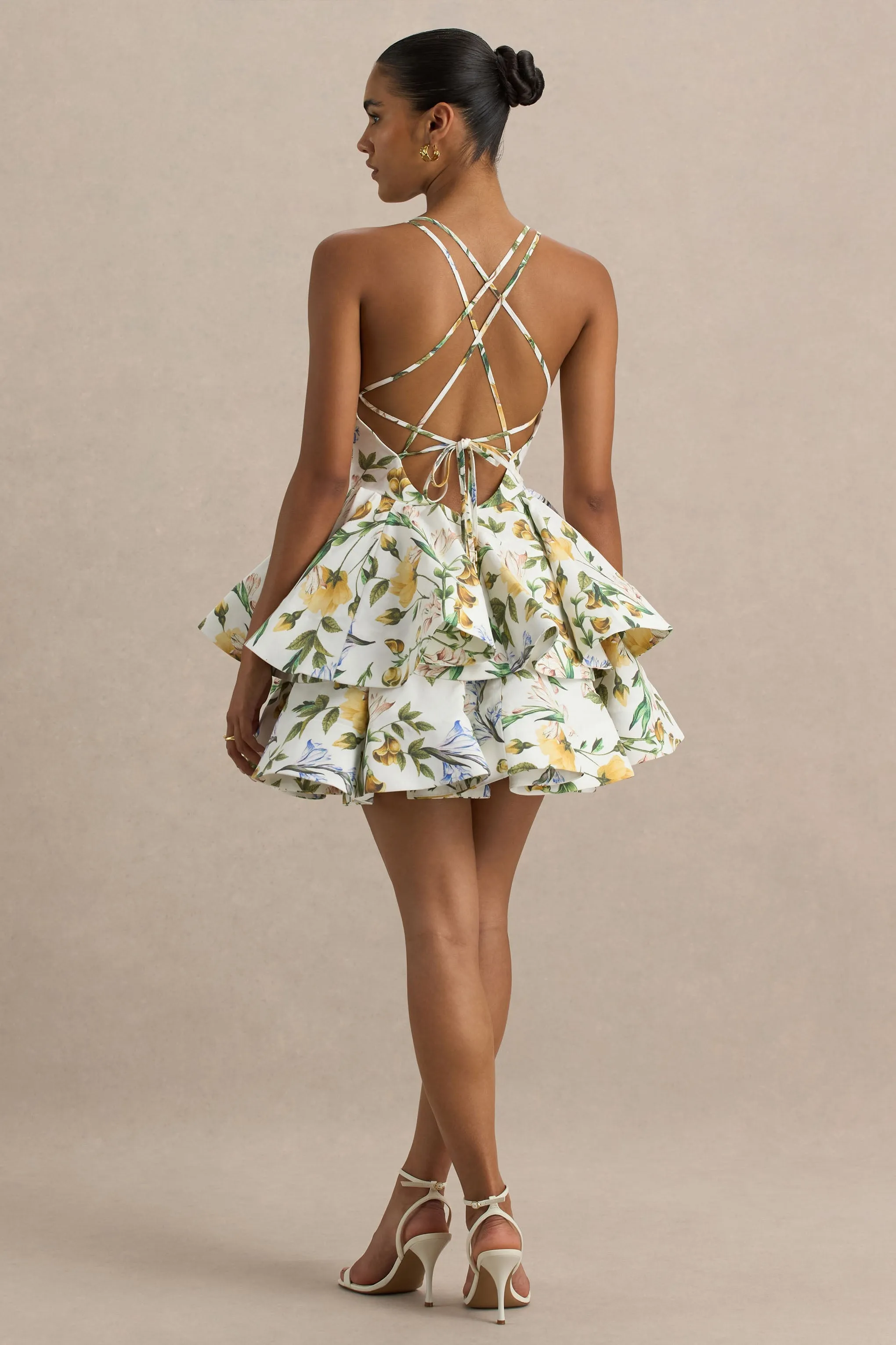 Flavia | White Botanical Print Plunge-Neck Ruffled Skater Micro-Mini Dress sold by Club L London product image thumbnail 2