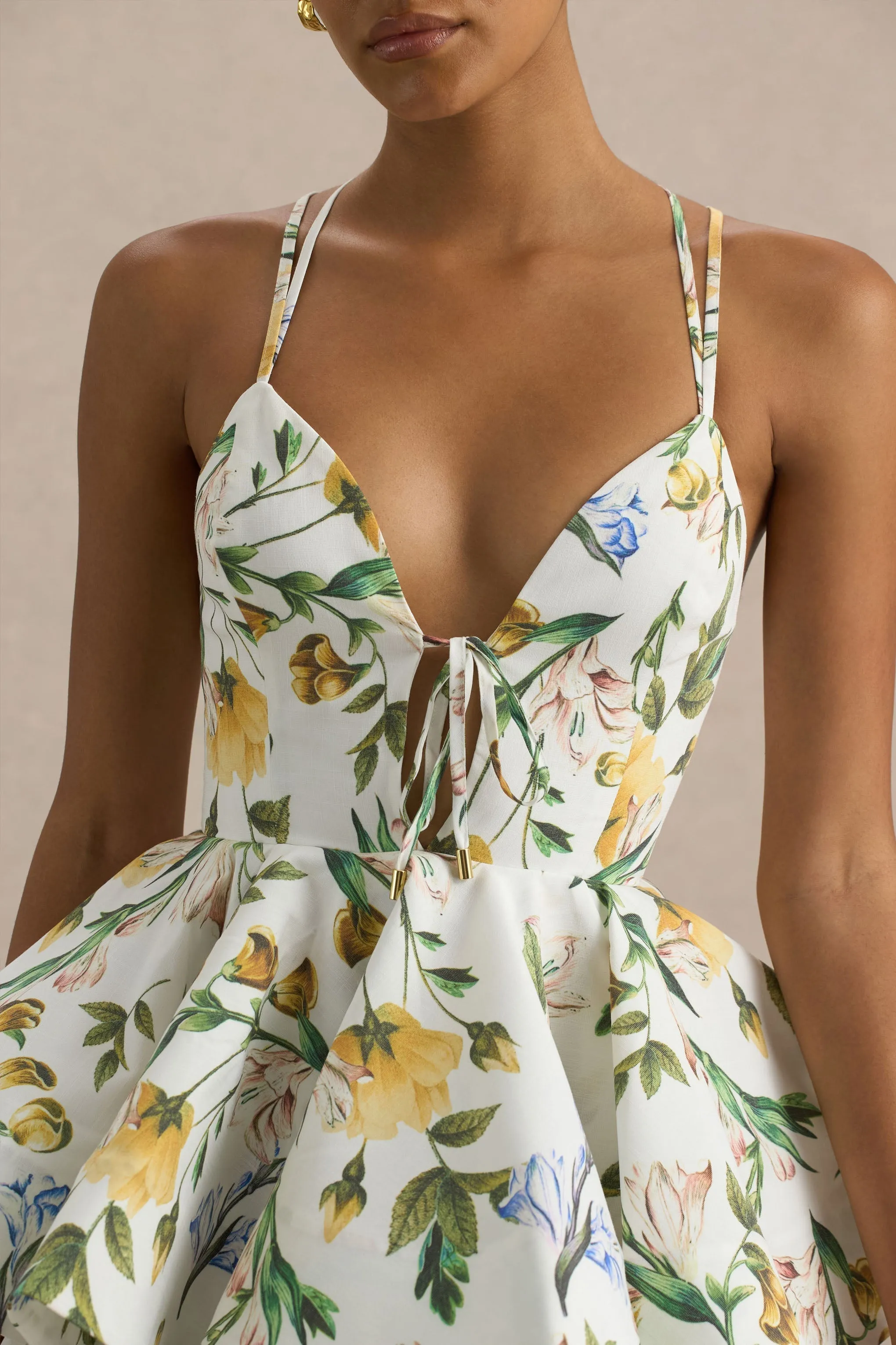 Flavia | White Botanical Print Plunge-Neck Ruffled Skater Micro-Mini Dress sold by Club L London product image thumbnail 5