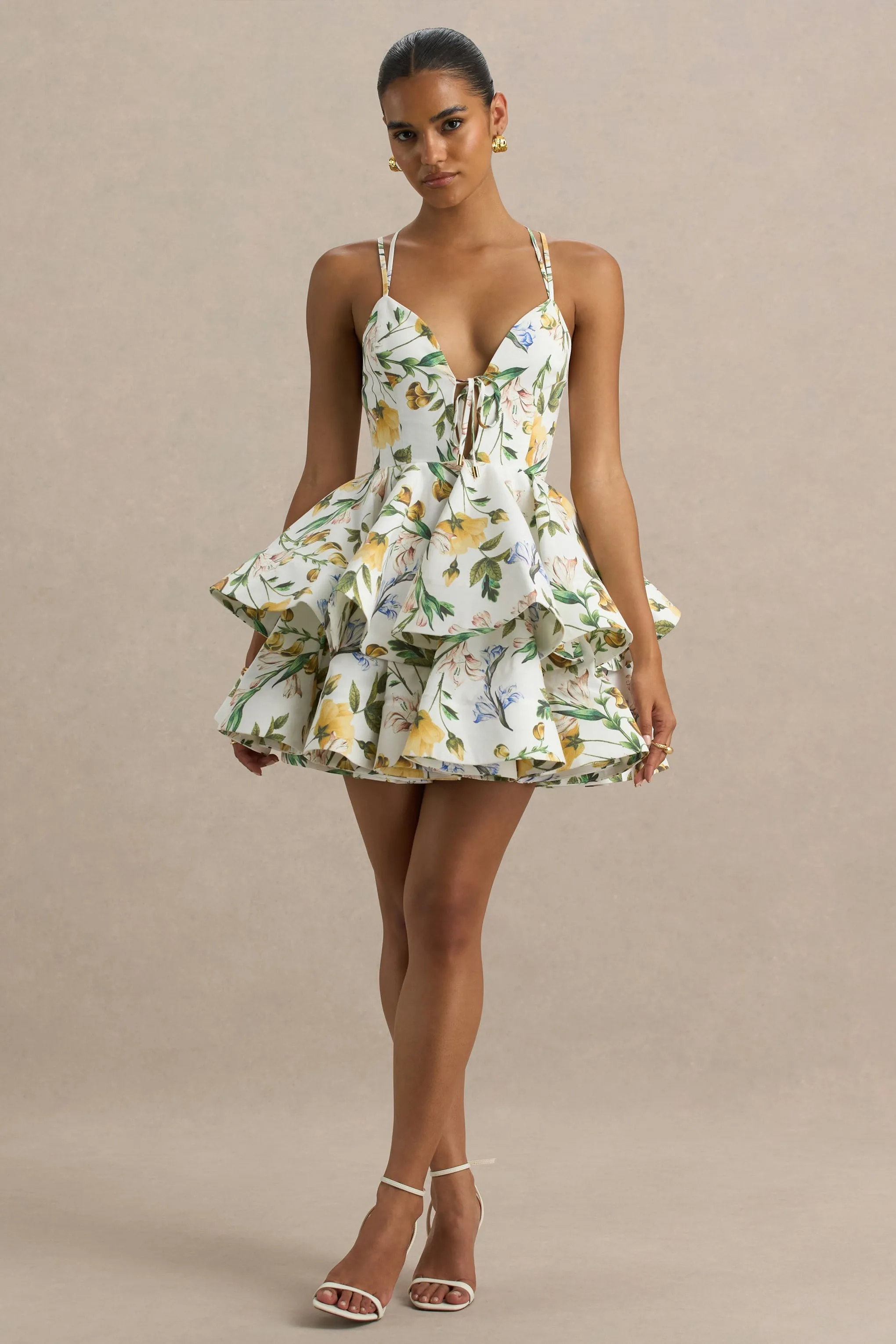 Flavia | White Botanical Print Plunge-Neck Ruffled Skater Micro-Mini Dress sold by Club L London product image thumbnail 3
