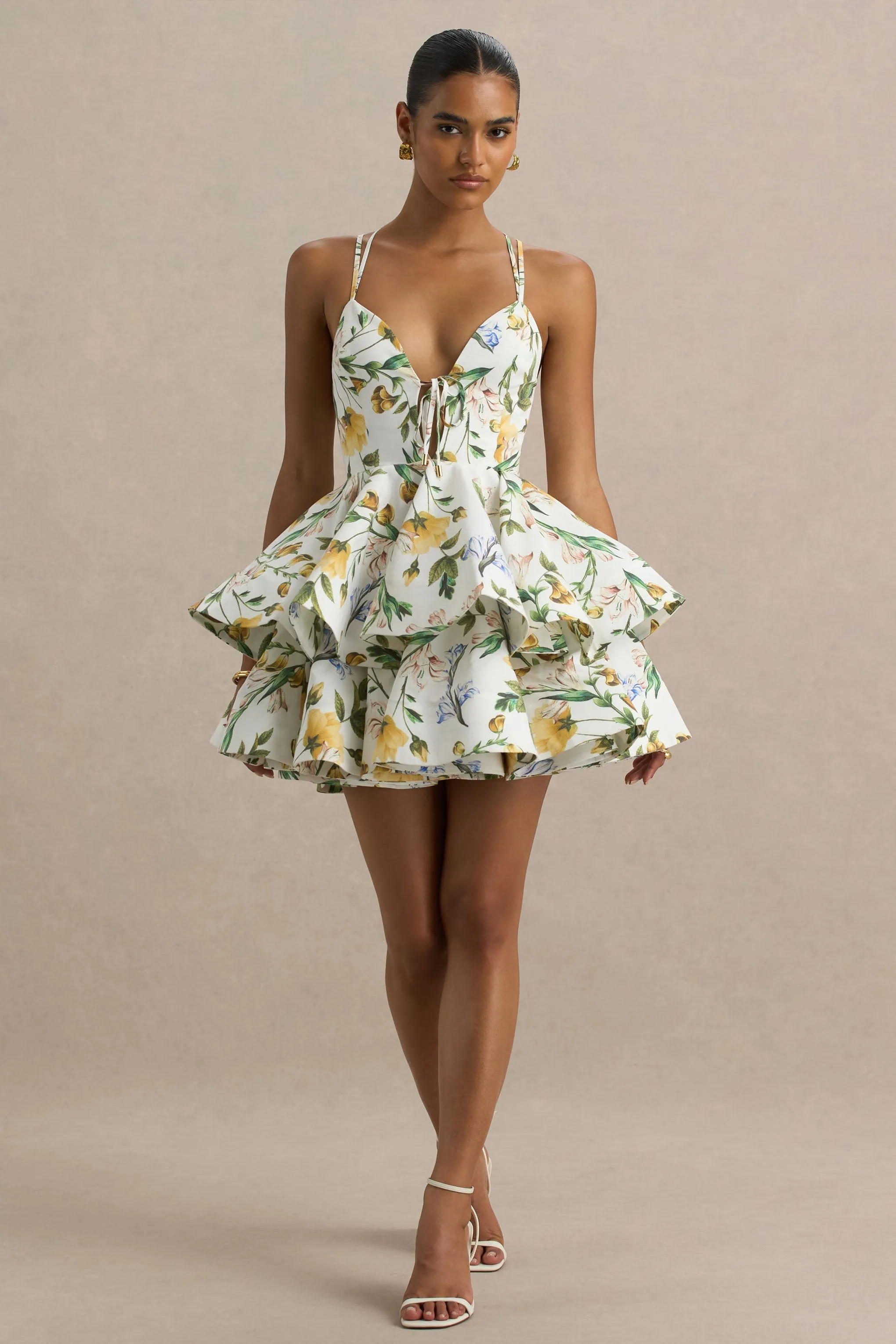 Flavia | White Botanical Print Plunge-Neck Ruffled Skater Micro-Mini Dress sold by Club L London product image thumbnail 4