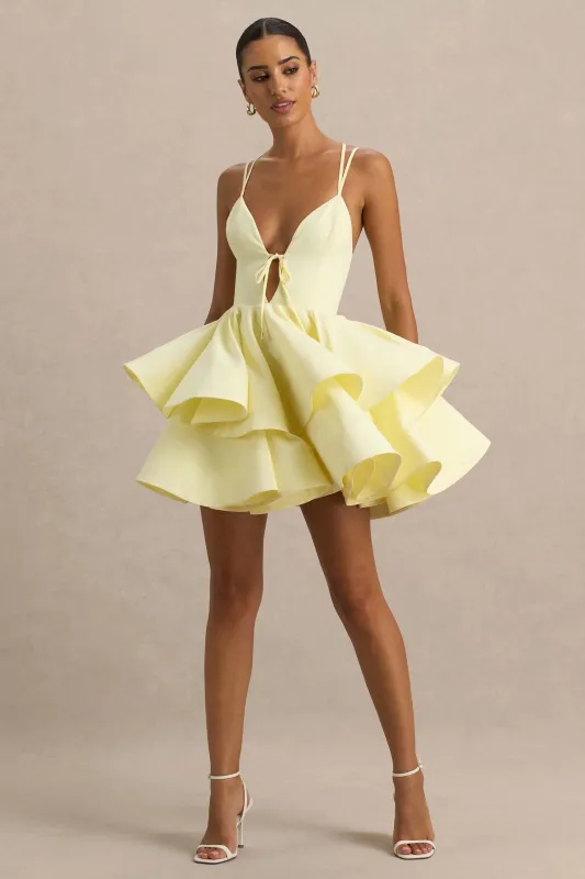 Flavia | Lemon Plunge-Neck Ruffled Skater Micro-Mini Dress sold by Club L London