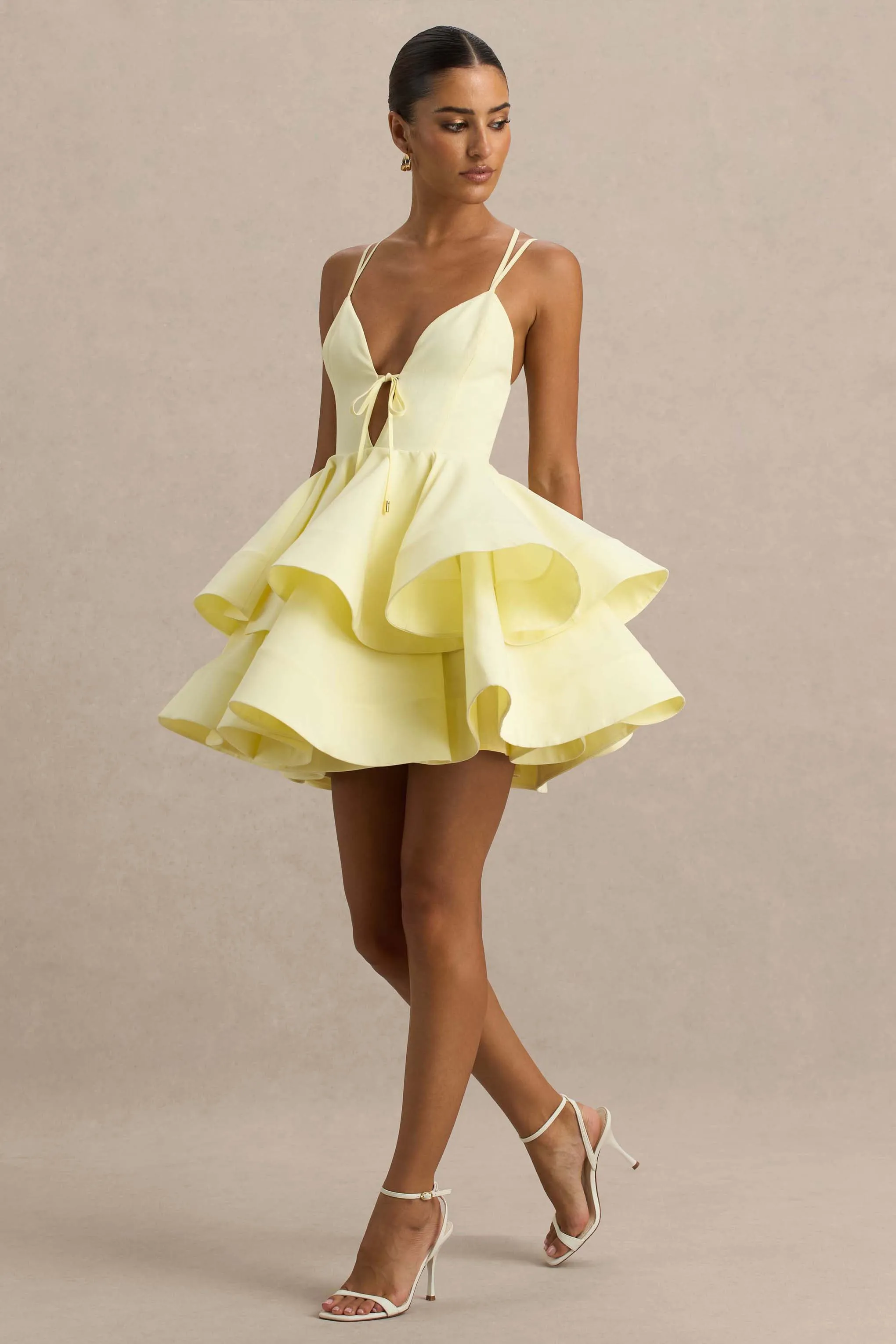Flavia | Lemon Plunge-Neck Ruffled Skater Micro-Mini Dress sold by Club L London product image thumbnail 3