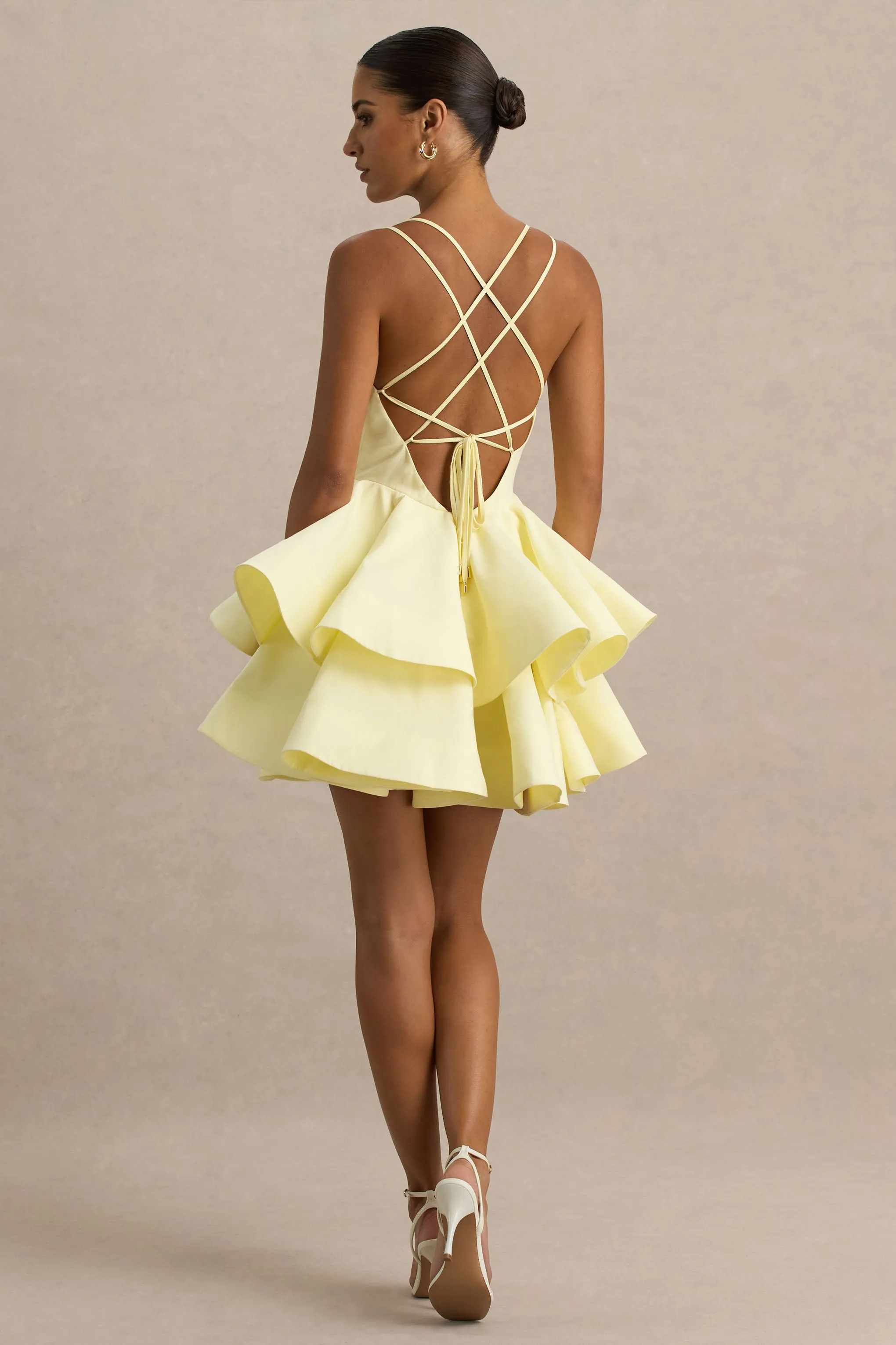 Flavia | Lemon Plunge-Neck Ruffled Skater Micro-Mini Dress sold by Club L London product image thumbnail 2