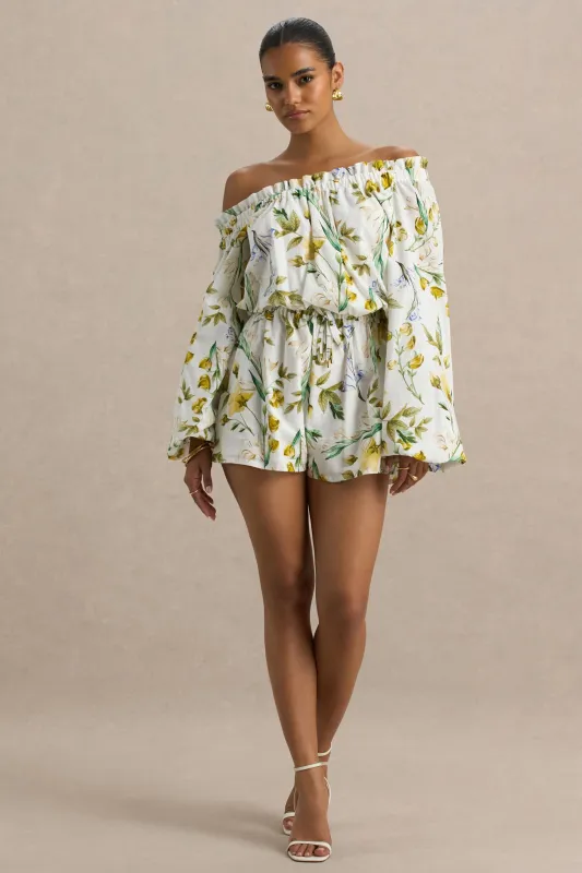 Waterfall | White Botanical Print Asymmetric Long-Sleeve Playsuit sold by Club L London