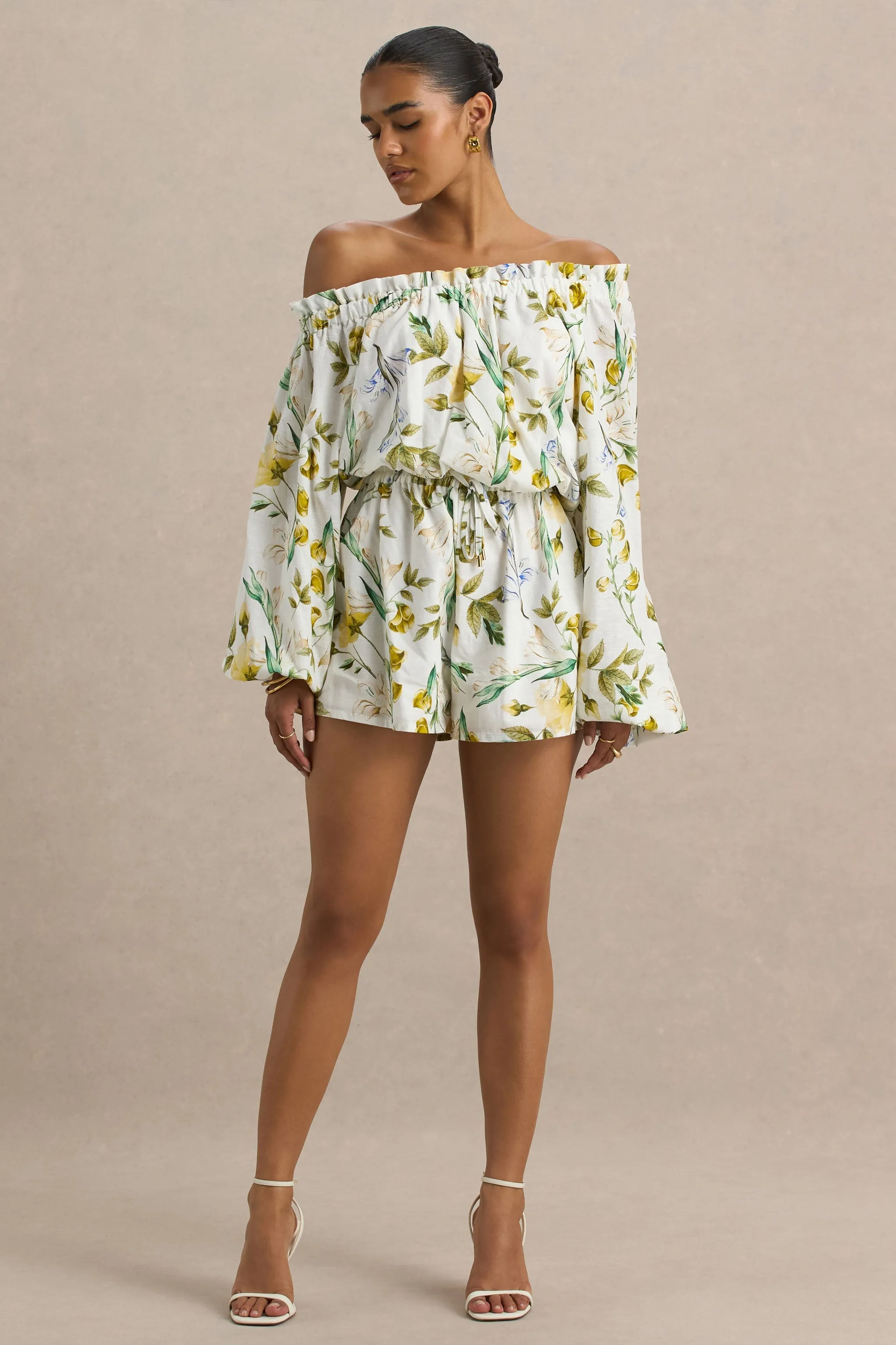 Waterfall | White Botanical Print Asymmetric Long-Sleeve Playsuit sold by Club L London product image thumbnail 3