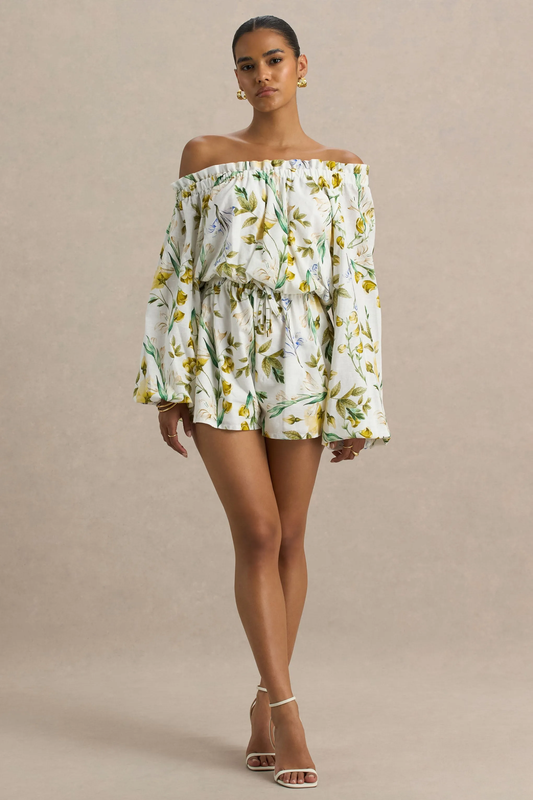 Waterfall | White Botanical Print Asymmetric Long-Sleeve Playsuit sold by Club L London product image thumbnail 5