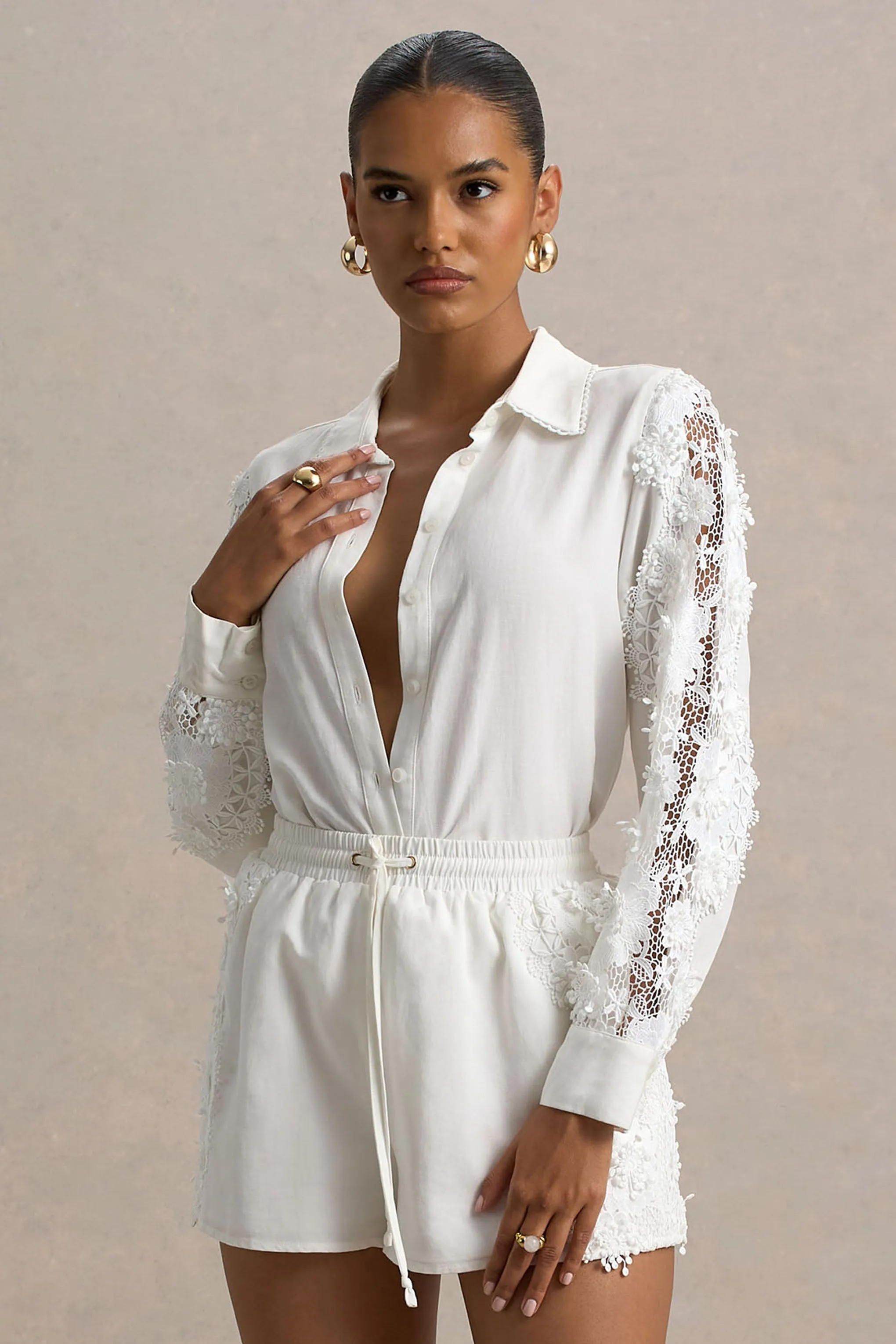 Coconut | Ecru Button-Up Shirt With Lace Detail sold by Club L London product image thumbnail 2