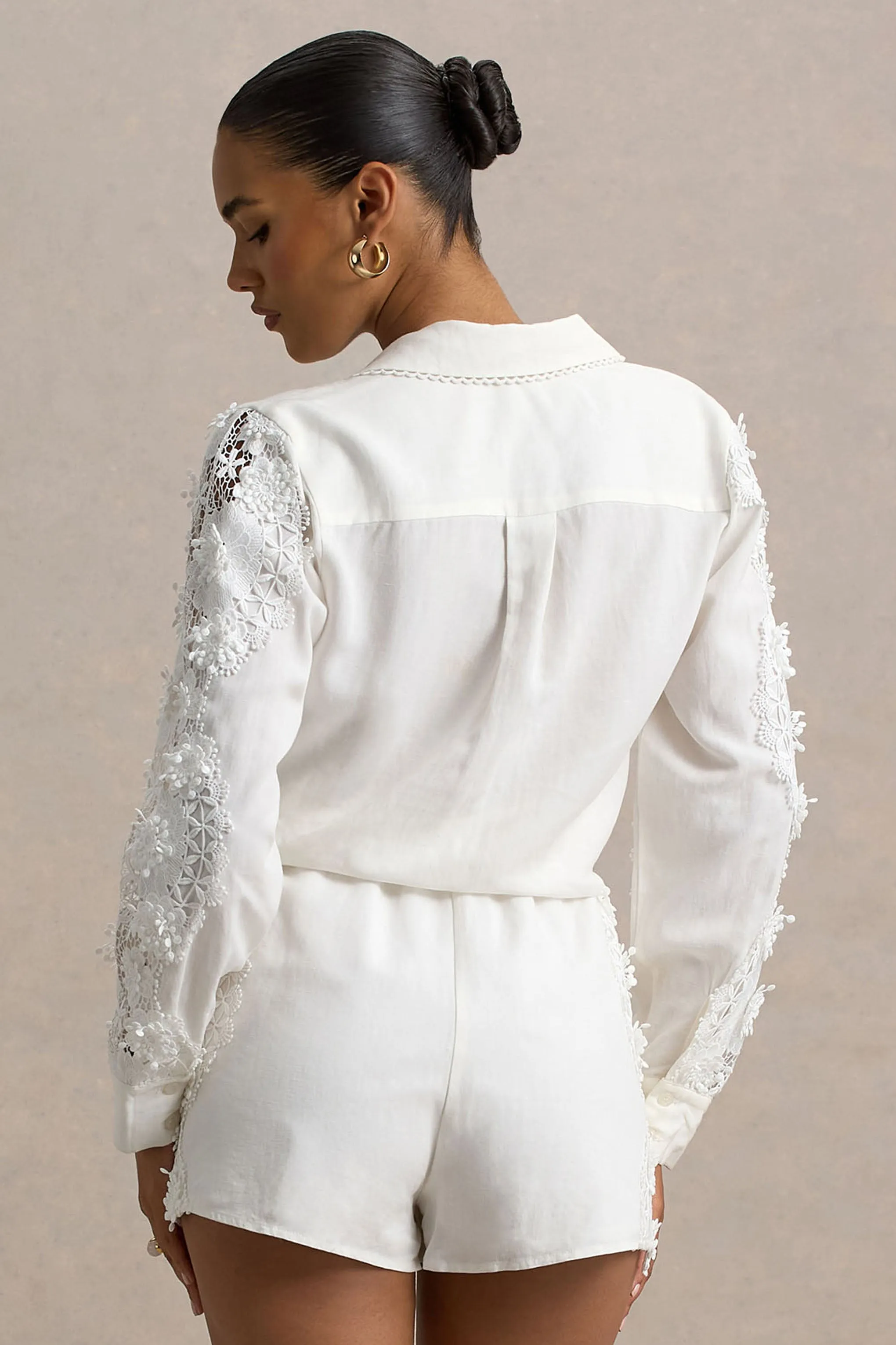 Coconut | Ecru Button-Up Shirt With Lace Detail sold by Club L London product image thumbnail 3