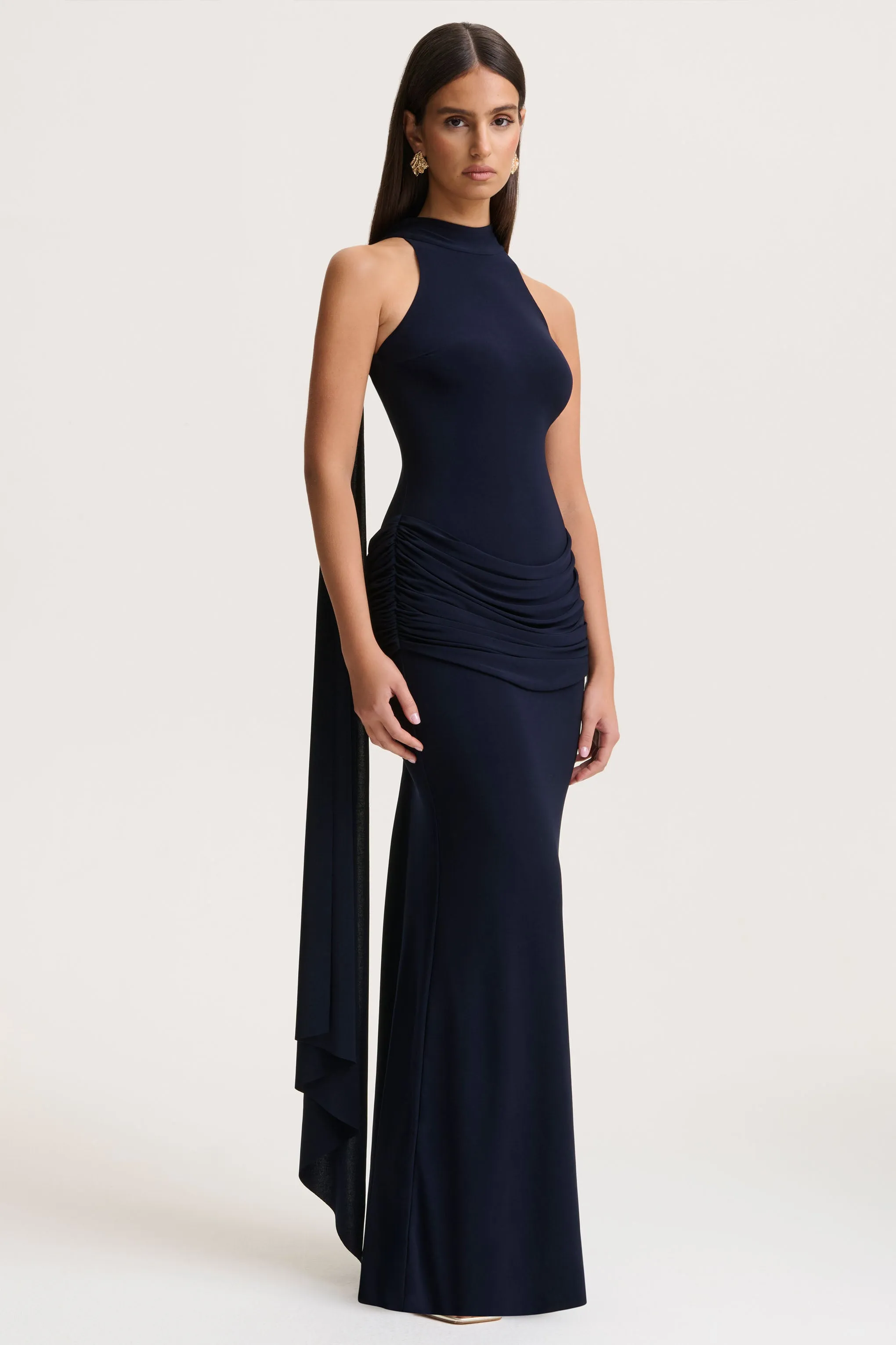 Hesperia | Navy High-Neck Maxi Dress With Draped-Detailing And Scarf sold by Club L London product image thumbnail 4