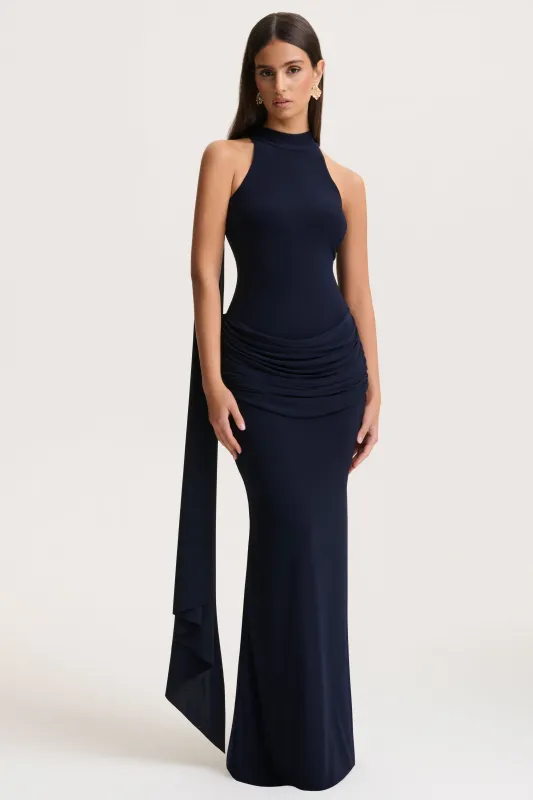 Hesperia | Navy High-Neck Maxi Dress With Draped-Detailing And Scarf sold by Club L London