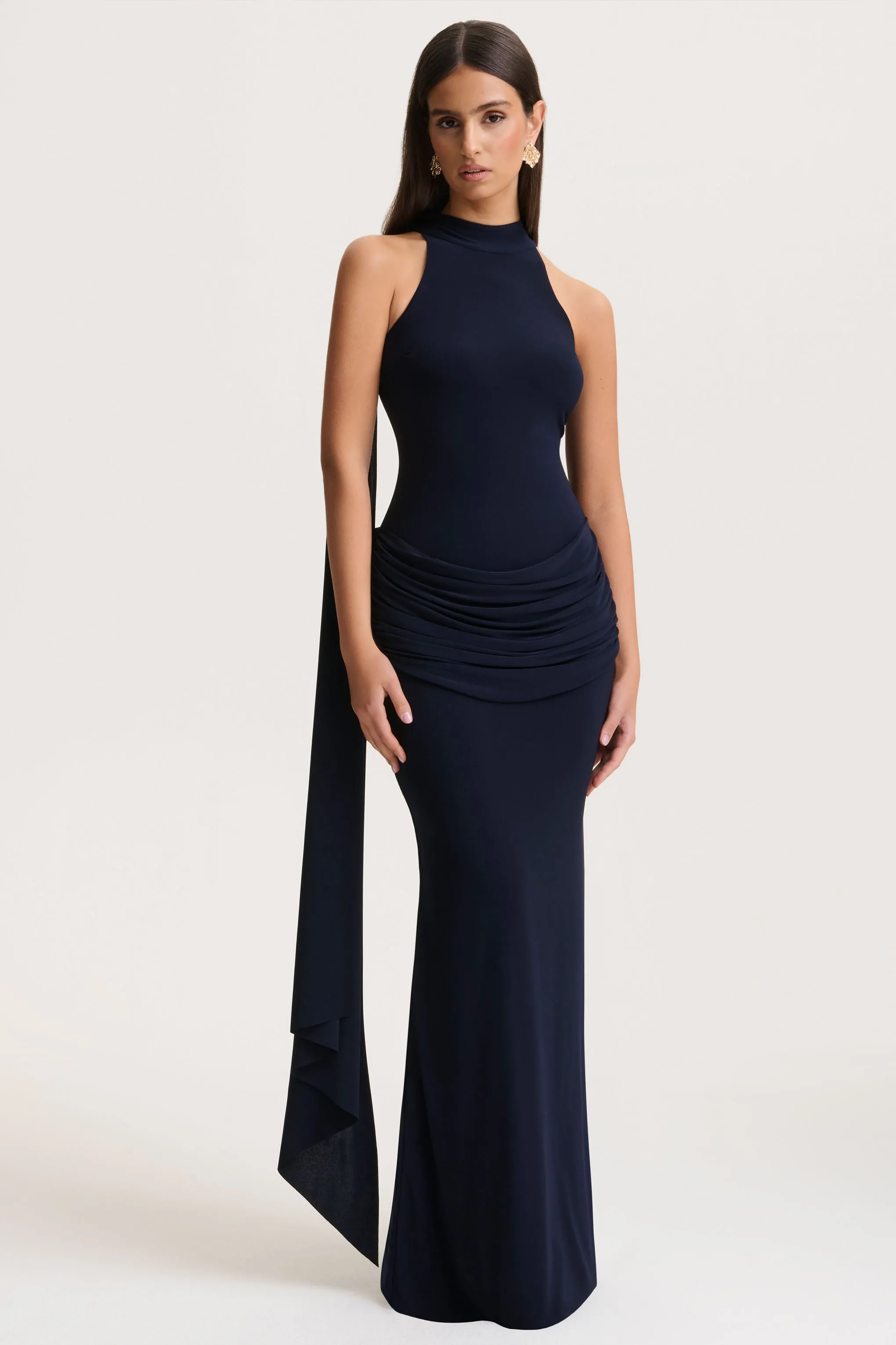 Hesperia | Navy High-Neck Maxi Dress With Draped-Detailing And Scarf sold by Club L London