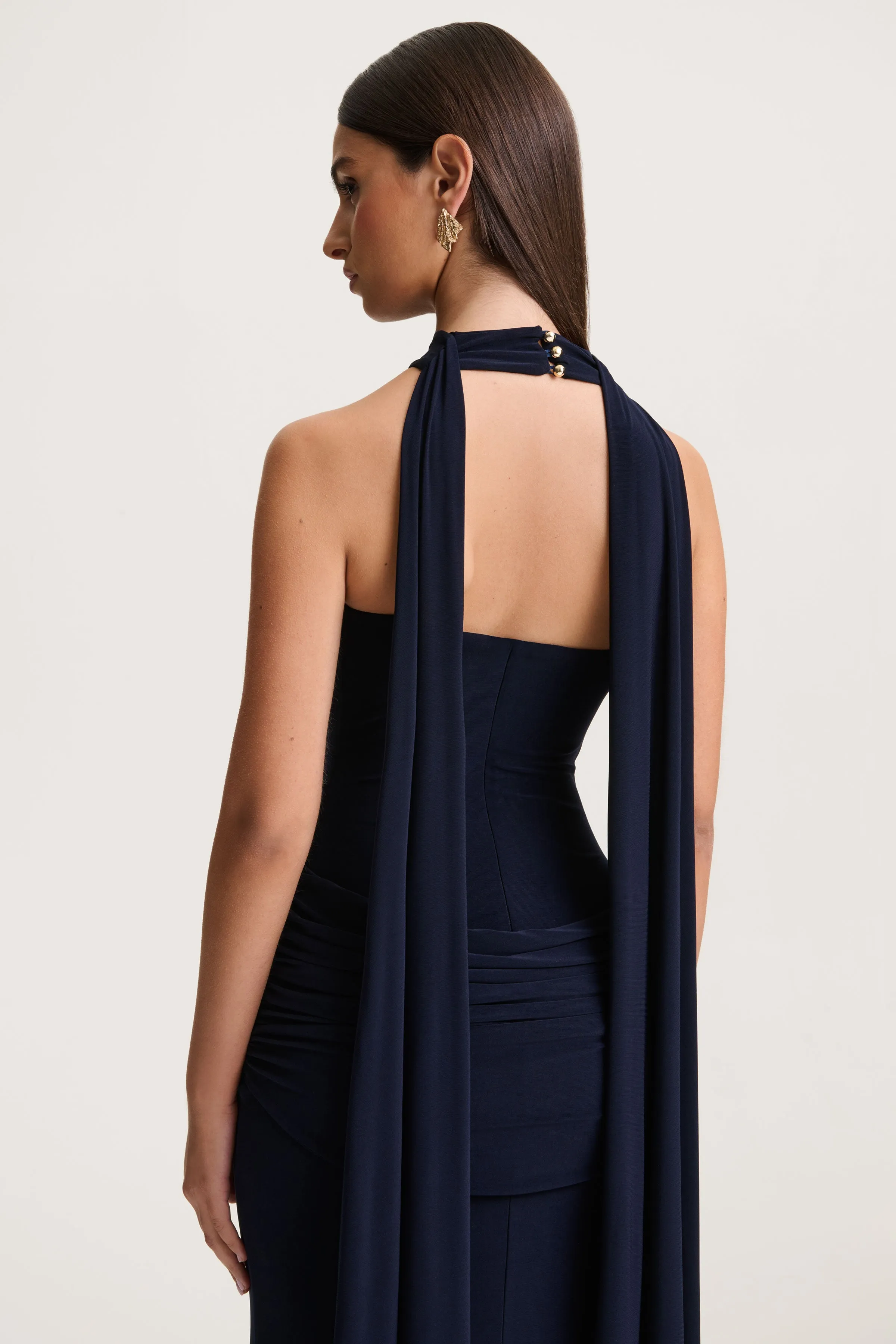 Hesperia | Navy High-Neck Maxi Dress With Draped-Detailing And Scarf sold by Club L London product image thumbnail 2