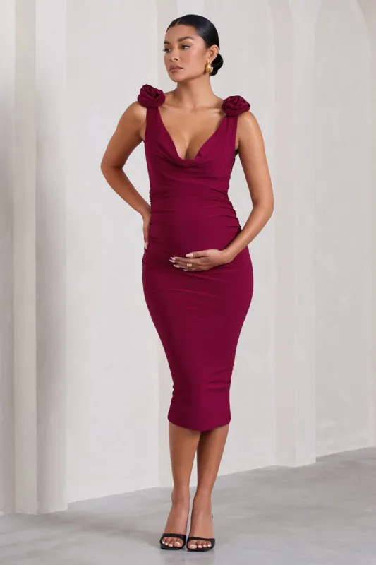 Rosy | Berry Cowl-Neck Maternity Midi Dress With Flowers sold by Club L London