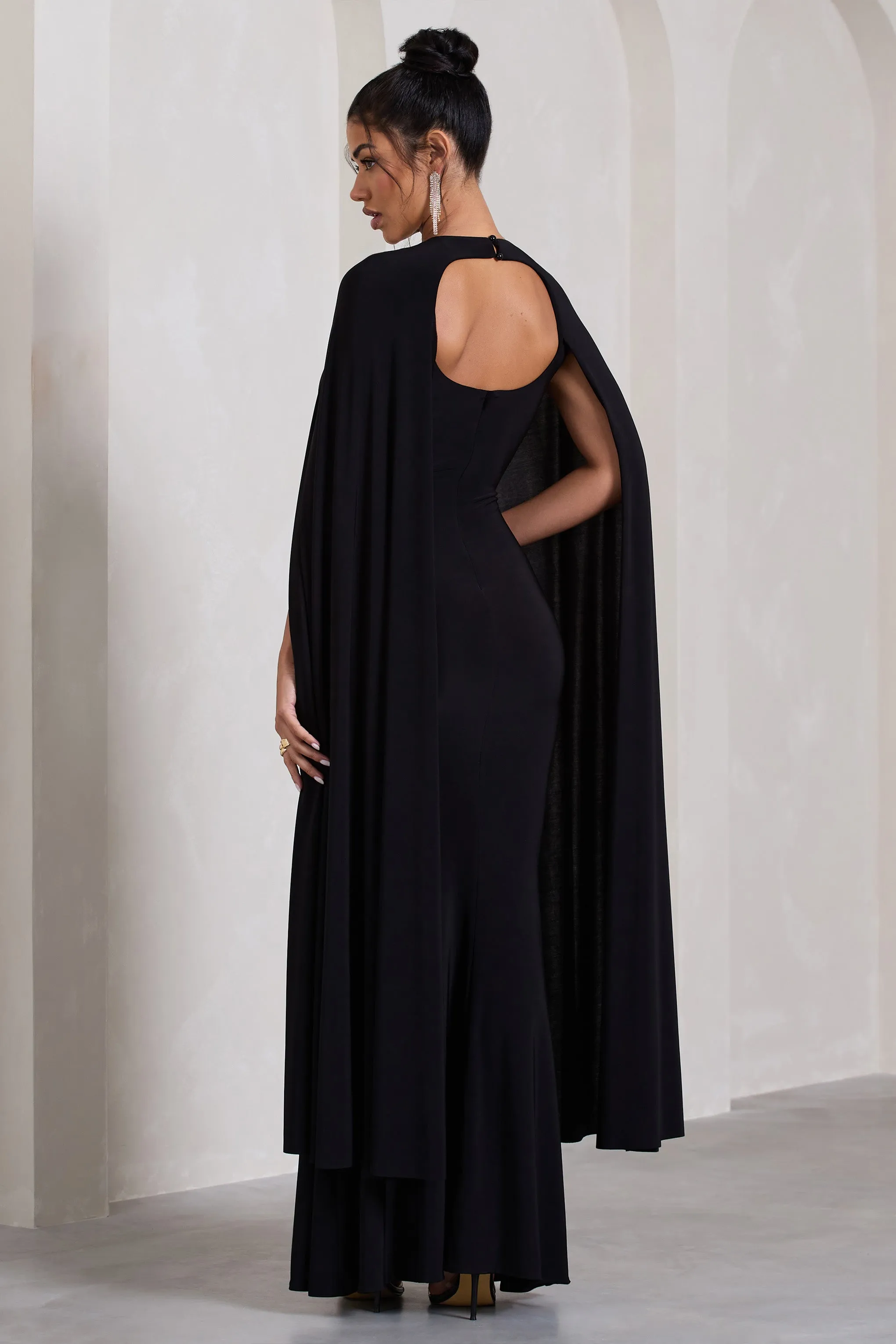 Standing Ovation | Black Plunge-Neck Cape Maxi Dress sold by Club L London product image thumbnail 2