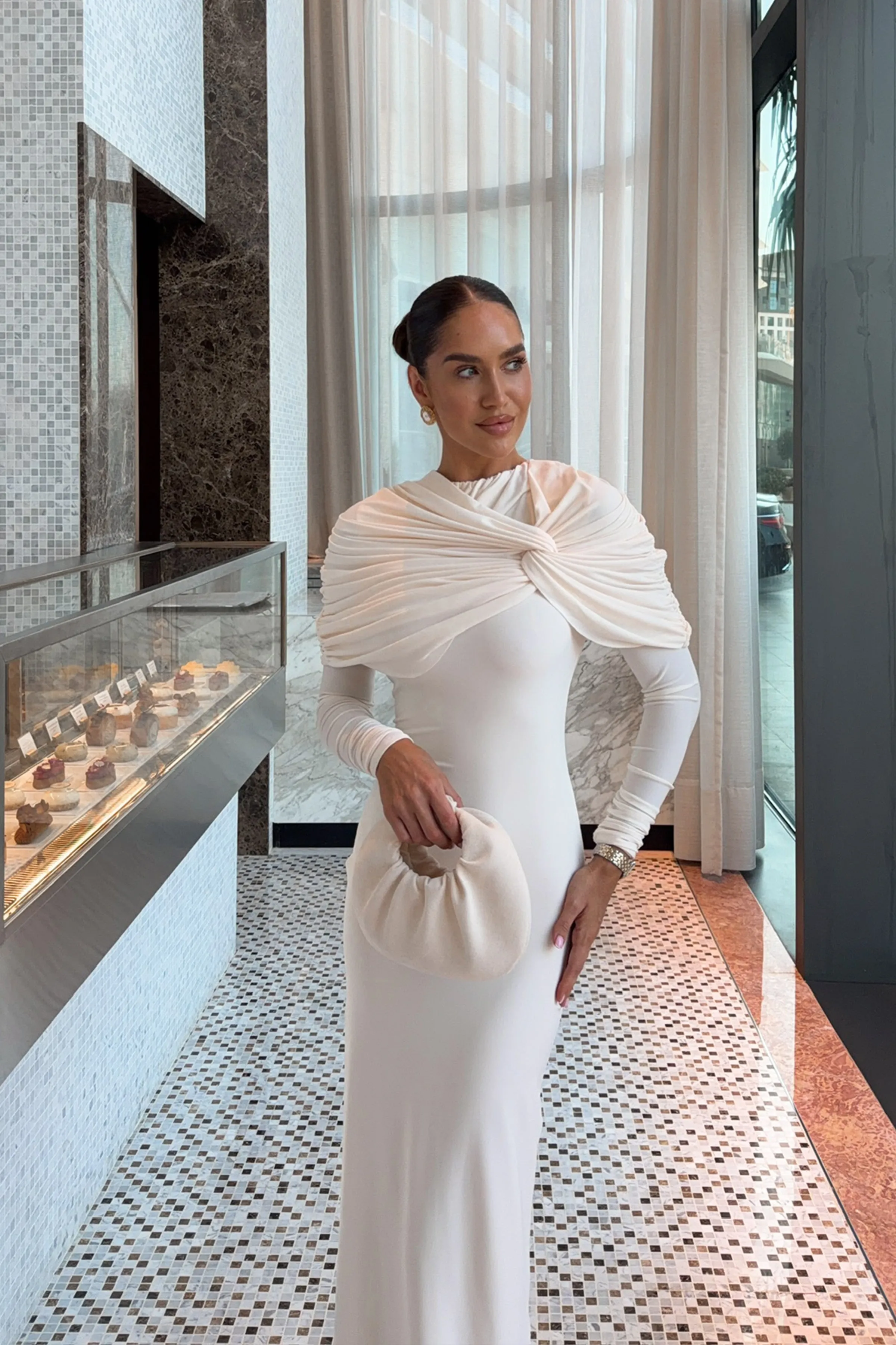 Evessa | Cream High-Neck Maxi Dress With Gathered-Detailing sold by Club L London product image thumbnail 4