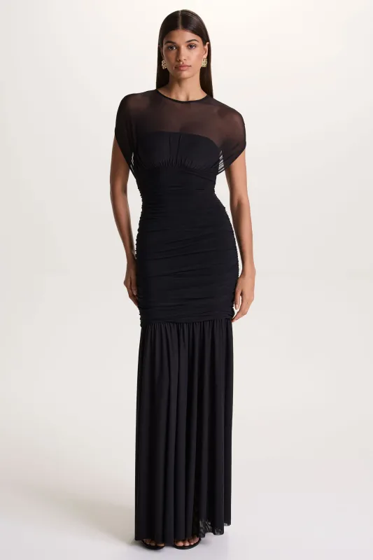 Kalene | Black Wide-Neck Maxi Dress With Sheer-Detailing made by Club L London