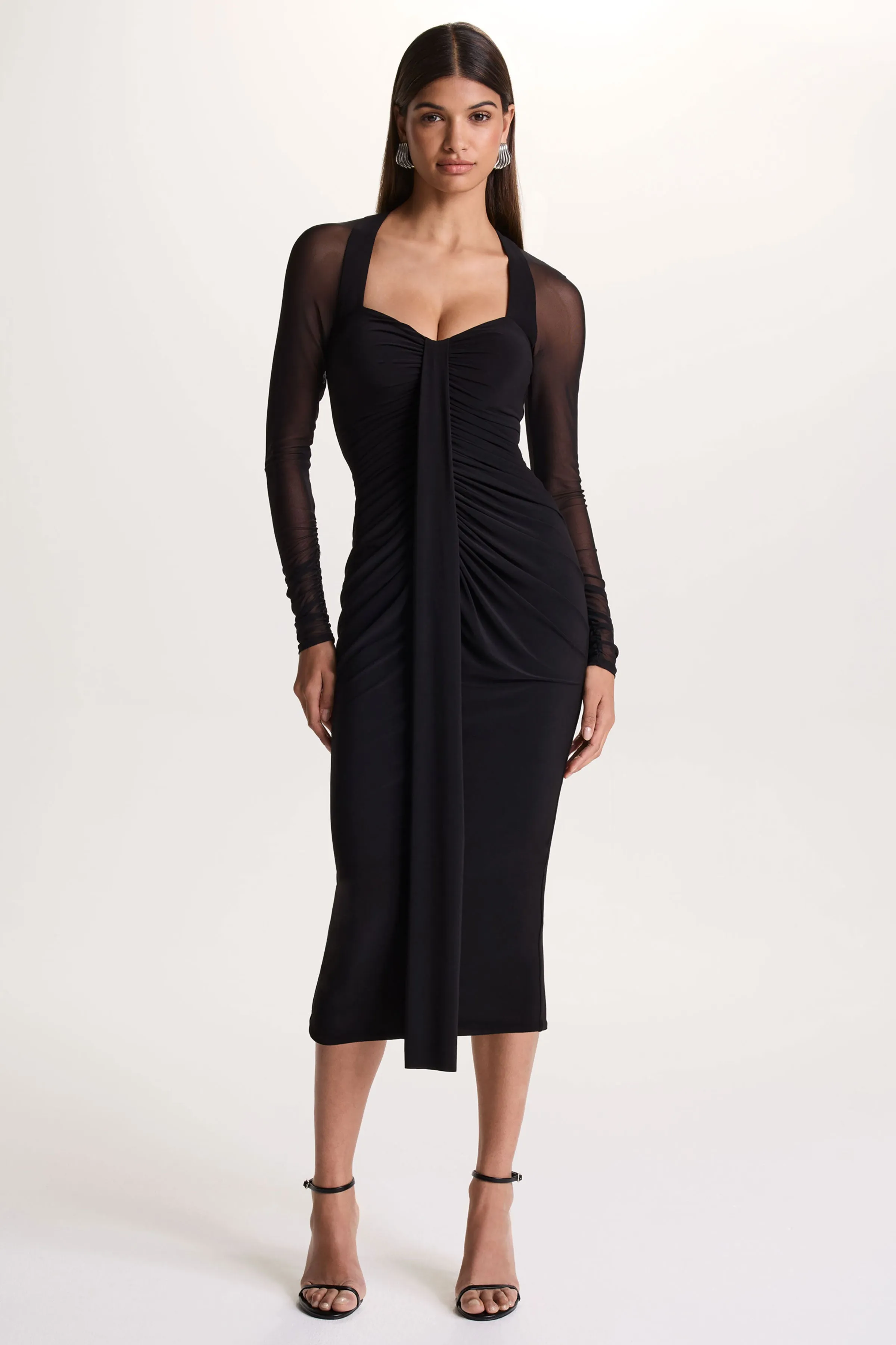 Rosetta | Black Sweetheart-Neck Midi Dress With Sheer-Sleeves sold by Club L London product image thumbnail 4
