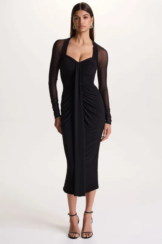 Rosetta | Black Sweetheart-Neck Midi Dress With Sheer-Sleeves made by Club L London