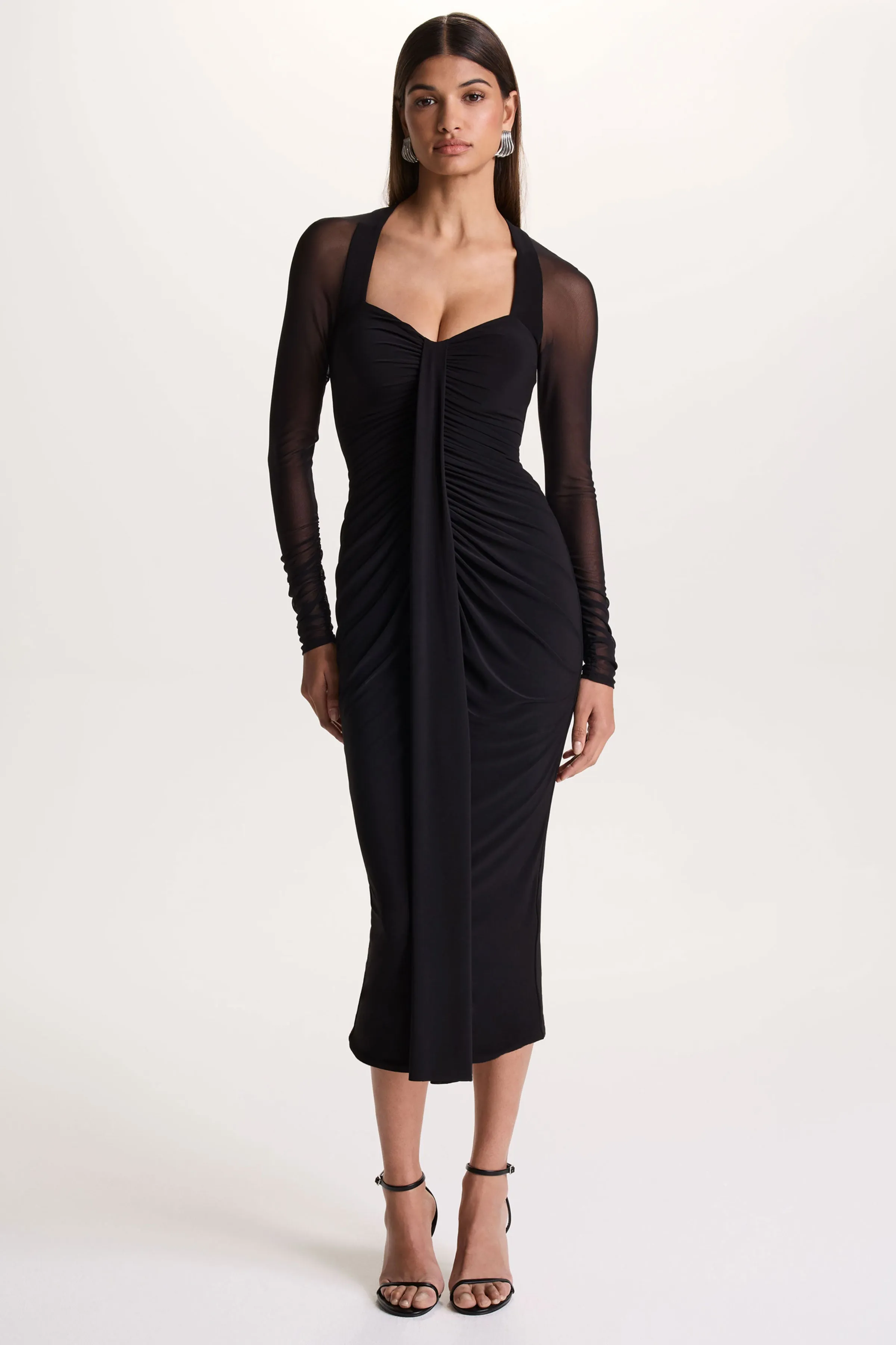 Rosetta | Black Sweetheart-Neck Midi Dress With Sheer-Sleeves sold by Club L London