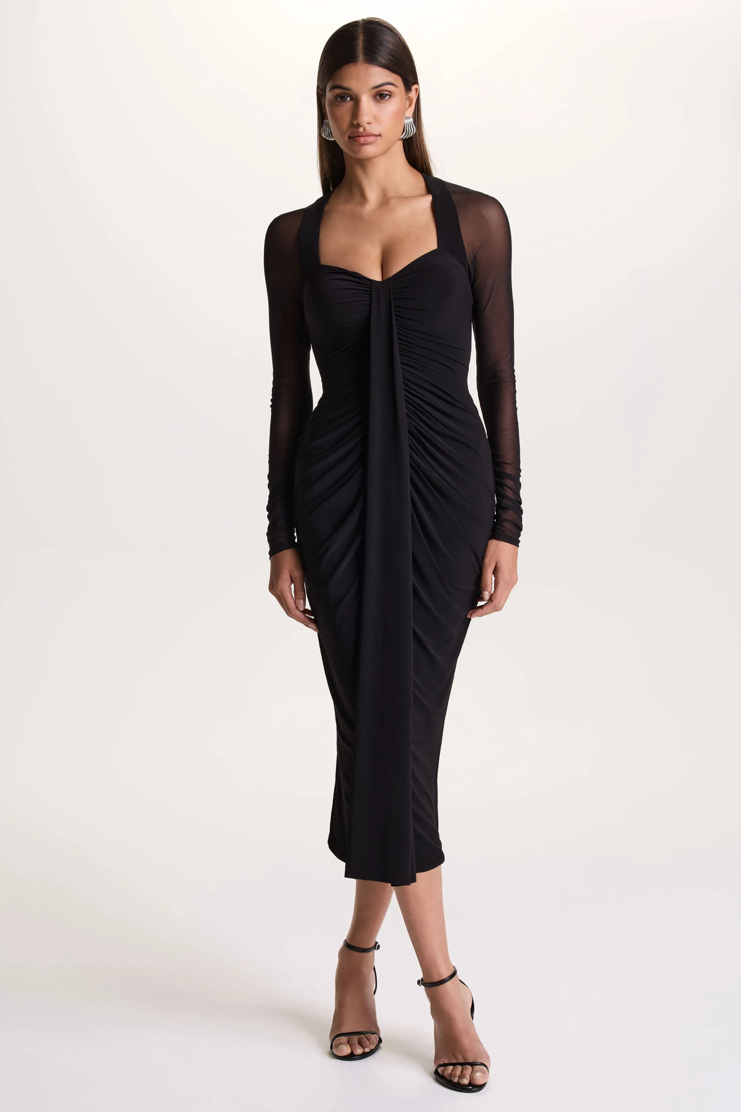 Rosetta | Black Sweetheart-Neck Midi Dress With Sheer-Sleeves sold by Club L London product image thumbnail 5