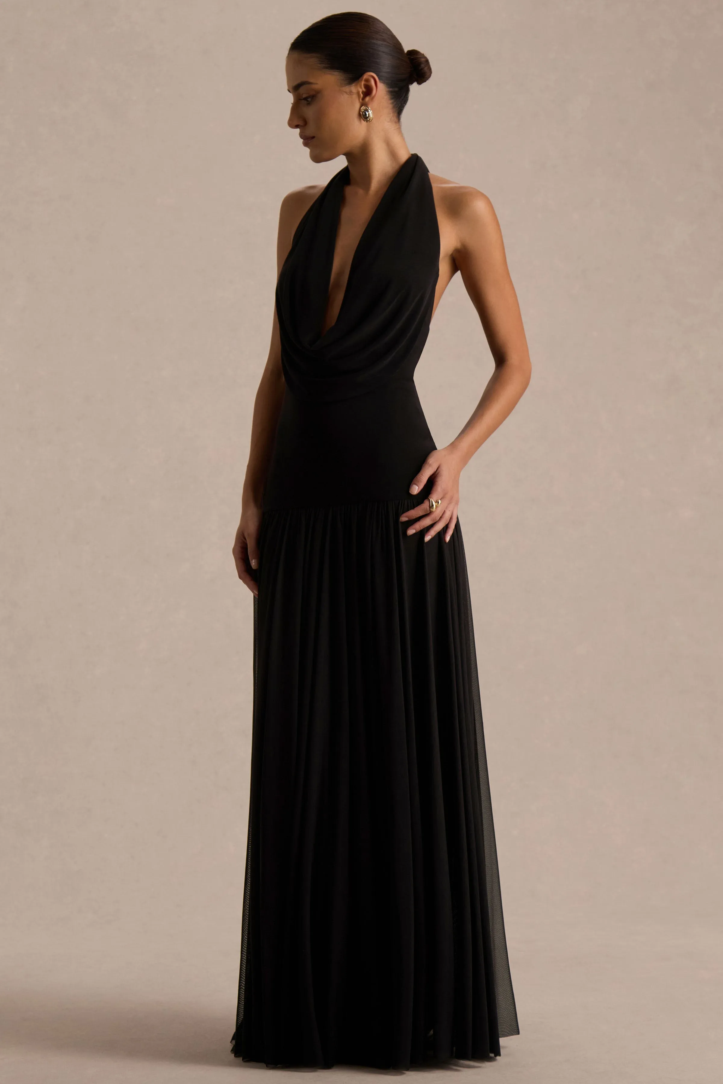 Verity | Black Plunge-Neck Maxi Dress With Sheer-Skirt sold by Club L London product image thumbnail 4