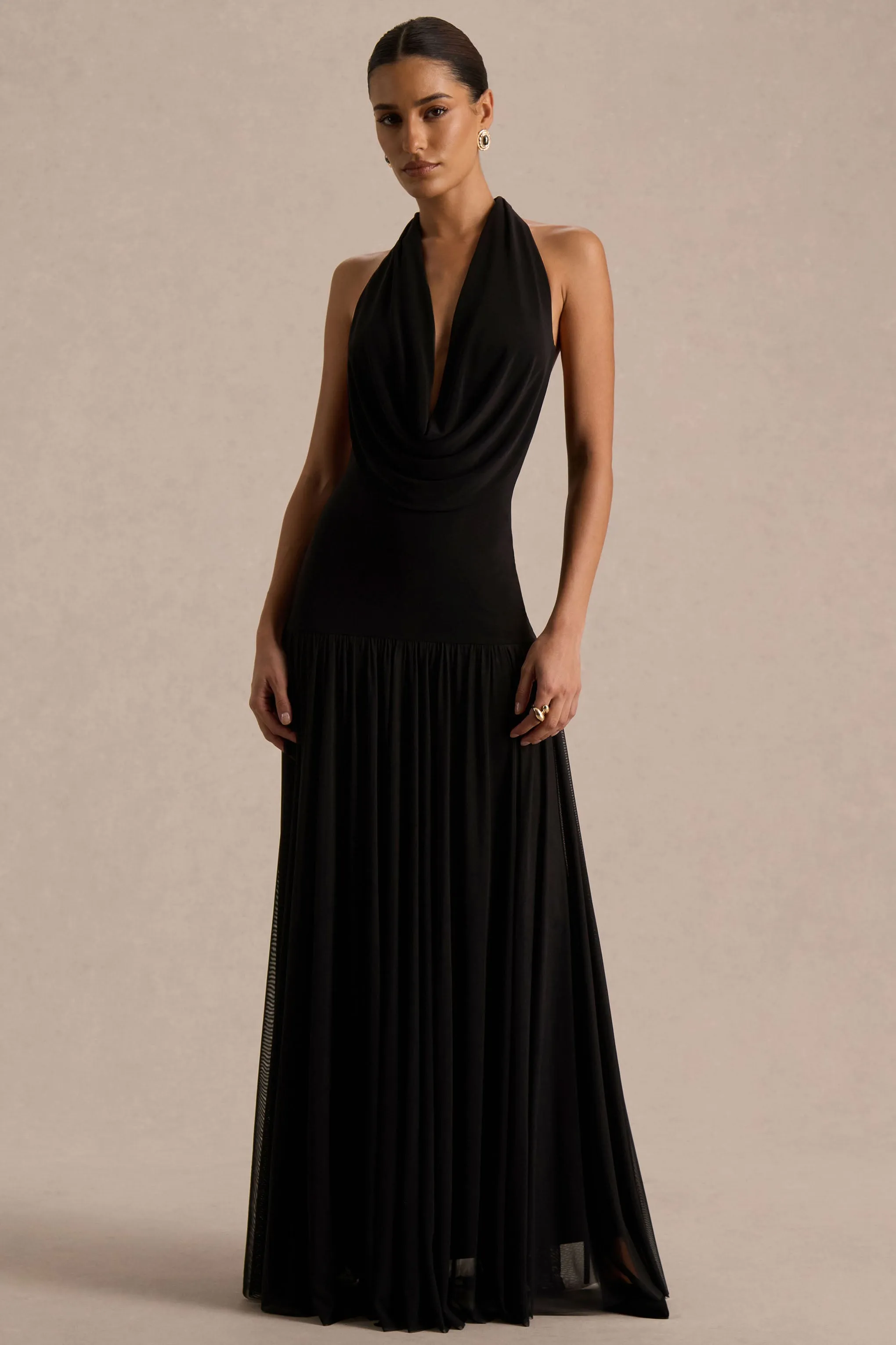 Verity | Black Plunge-Neck Maxi Dress With Sheer-Skirt sold by Club L London product image thumbnail 5