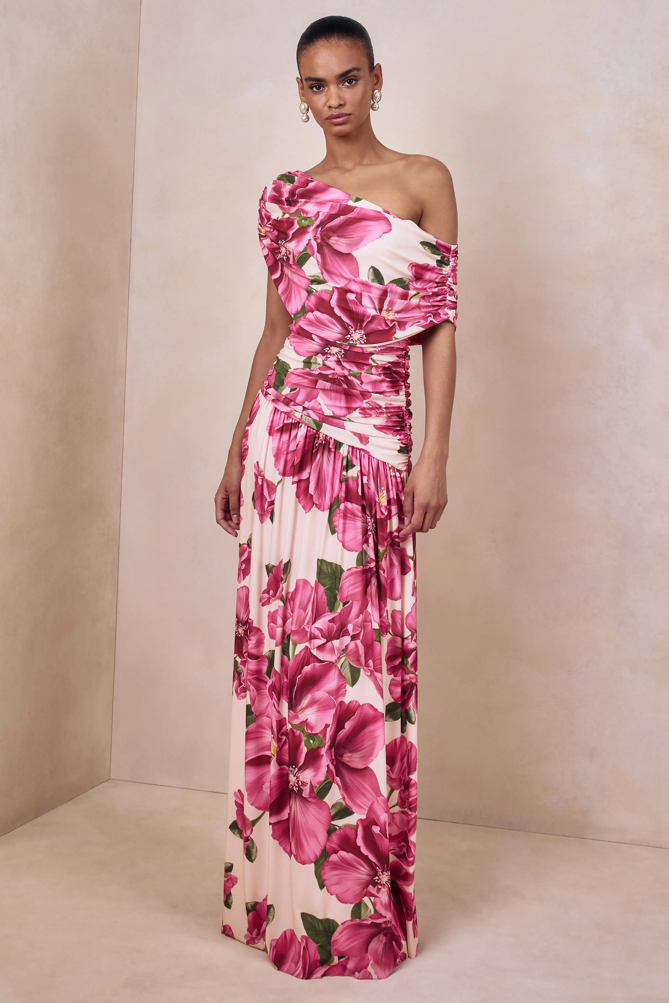 Emberly | Pink Hibiscus Floral Print Asymmetric Neck Maxi Dress With Drop Waist sold by Club L London product image thumbnail 4