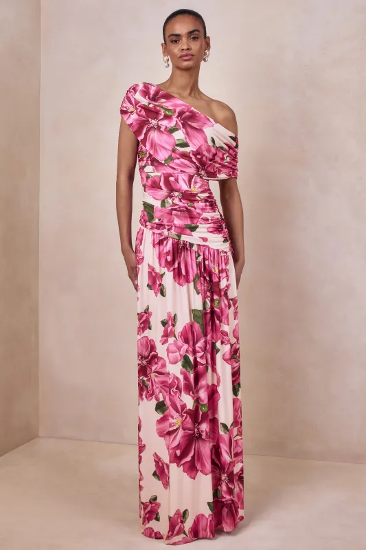 Emberly | Pink Hibiscus Floral Print Asymmetric Neck Maxi Dress With Drop Waist sold by Club L London