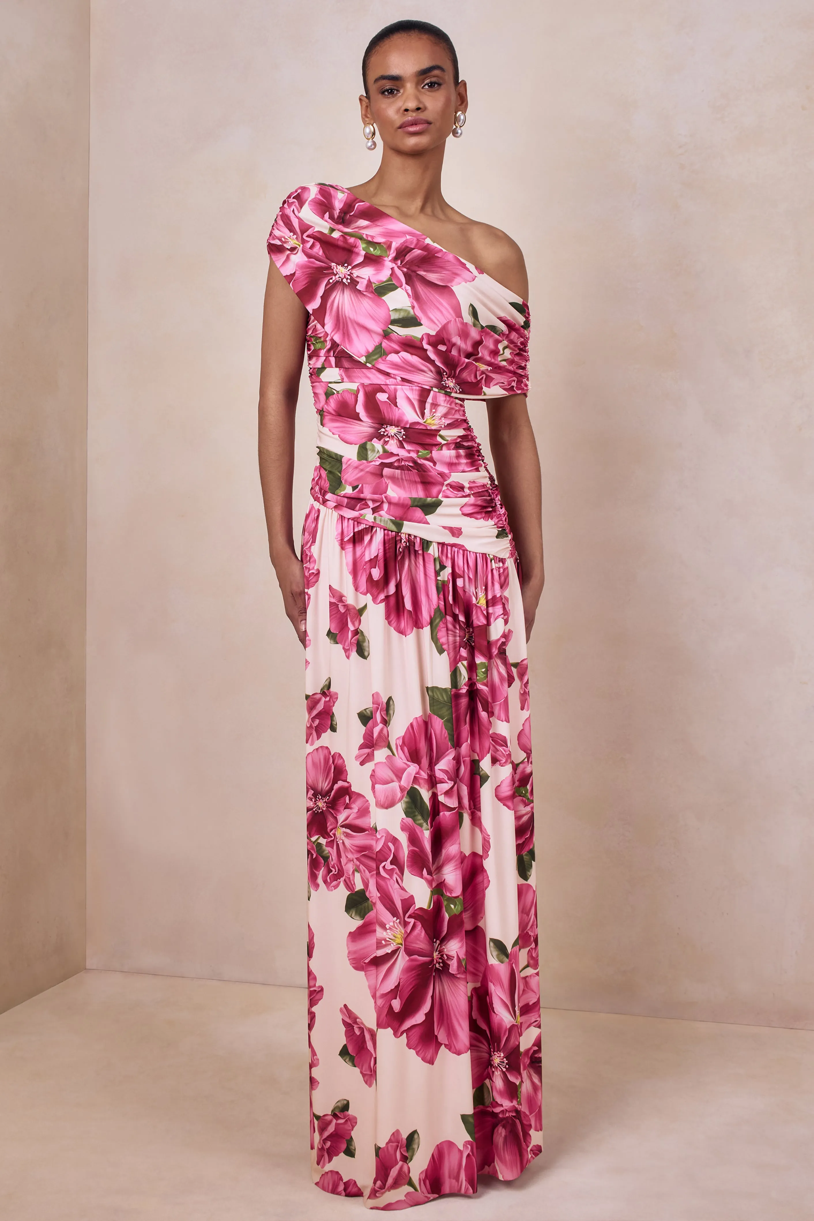 Emberly | Pink Hibiscus Floral Print Asymmetric Neck Maxi Dress With Drop Waist sold by Club L London