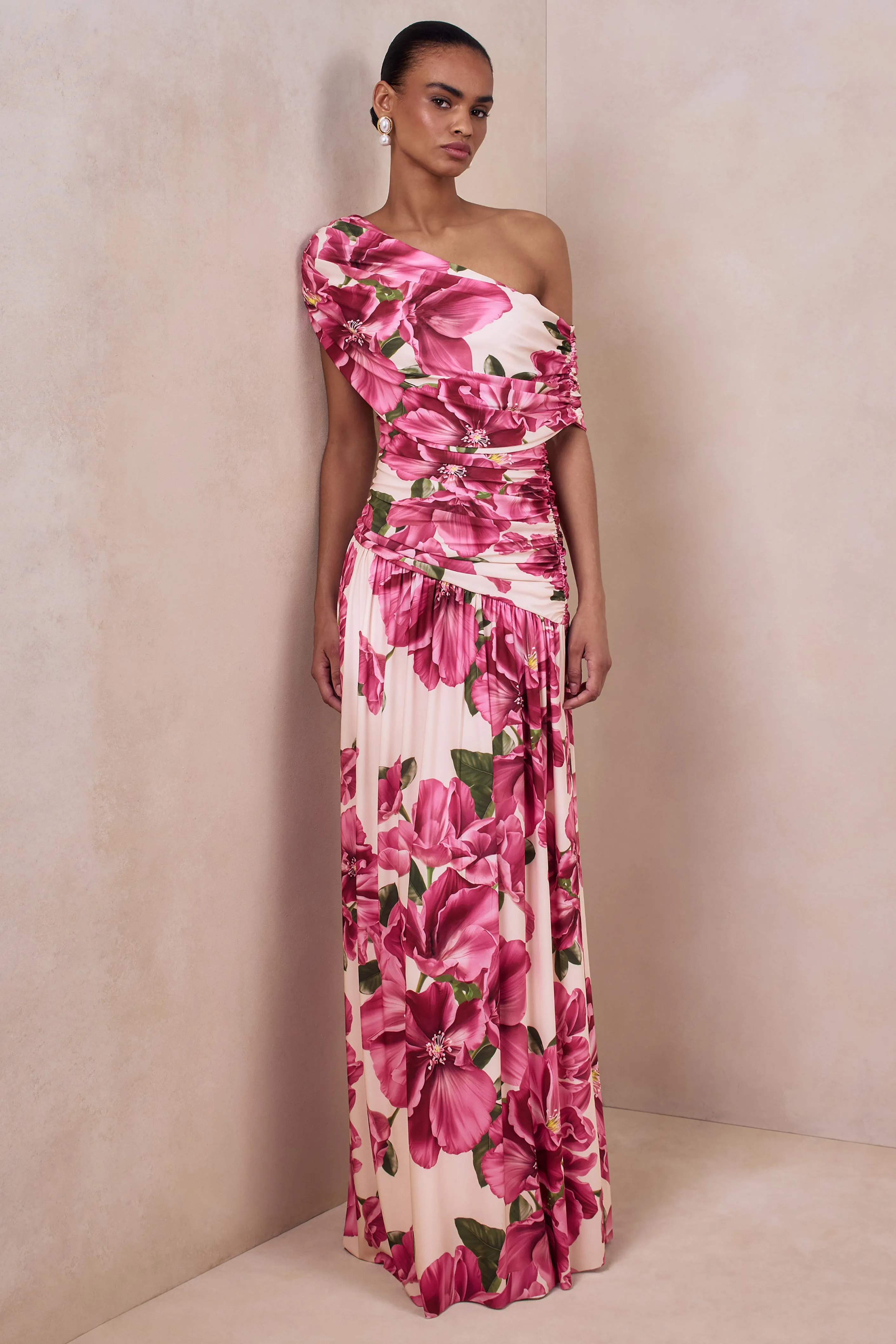 Emberly | Pink Hibiscus Floral Print Asymmetric Neck Maxi Dress With Drop Waist sold by Club L London product image thumbnail 5
