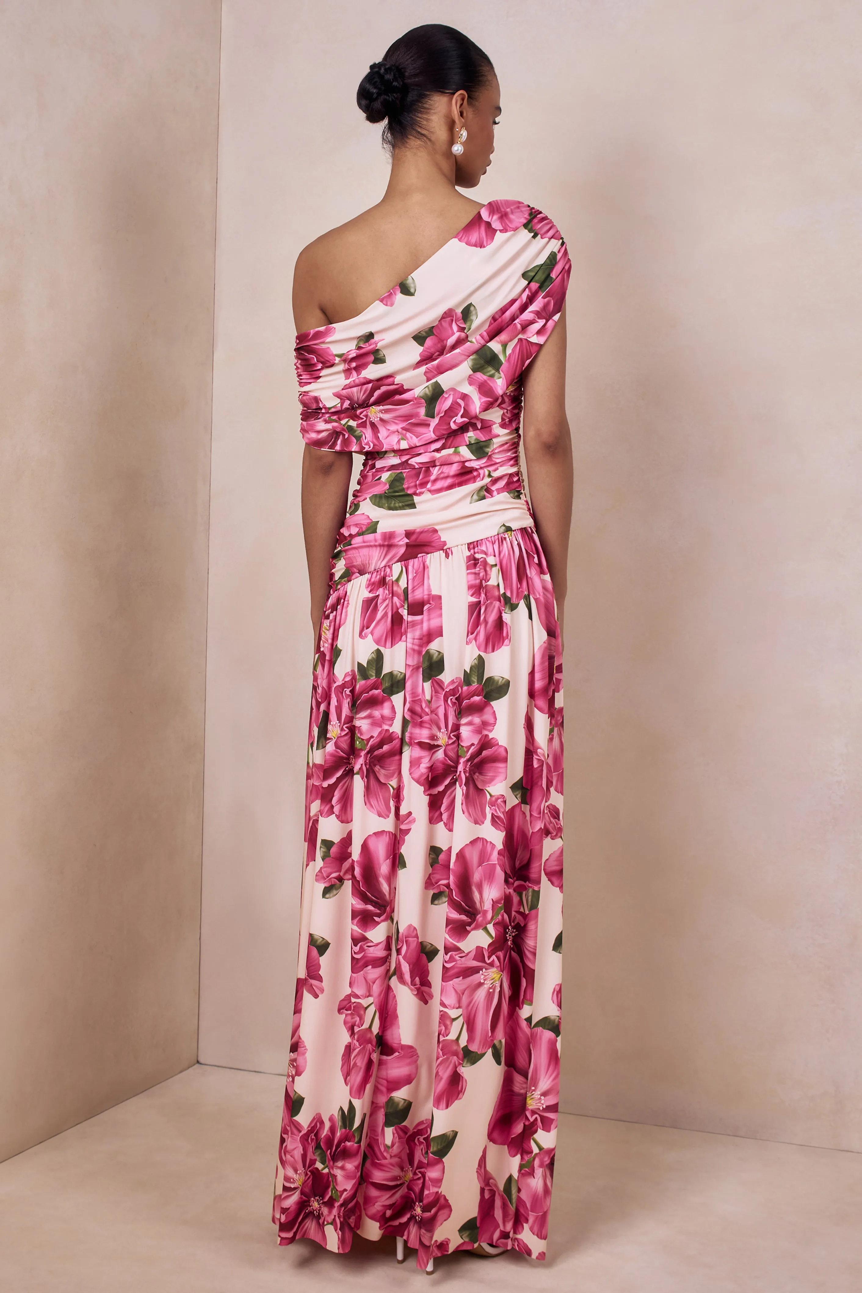 Emberly | Pink Hibiscus Floral Print Asymmetric Neck Maxi Dress With Drop Waist sold by Club L London product image thumbnail 2