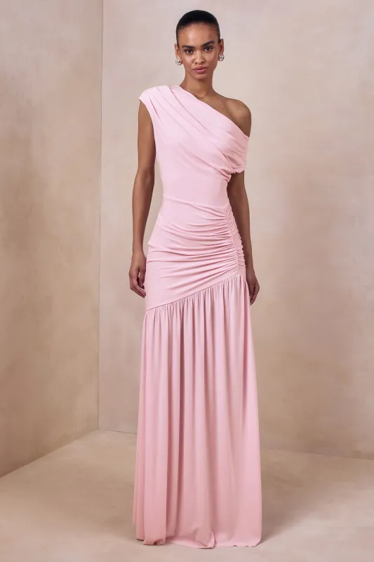 Kady | Pink Asymmetric-Neck Maxi Dress With Ruched Detailing made by Club L London