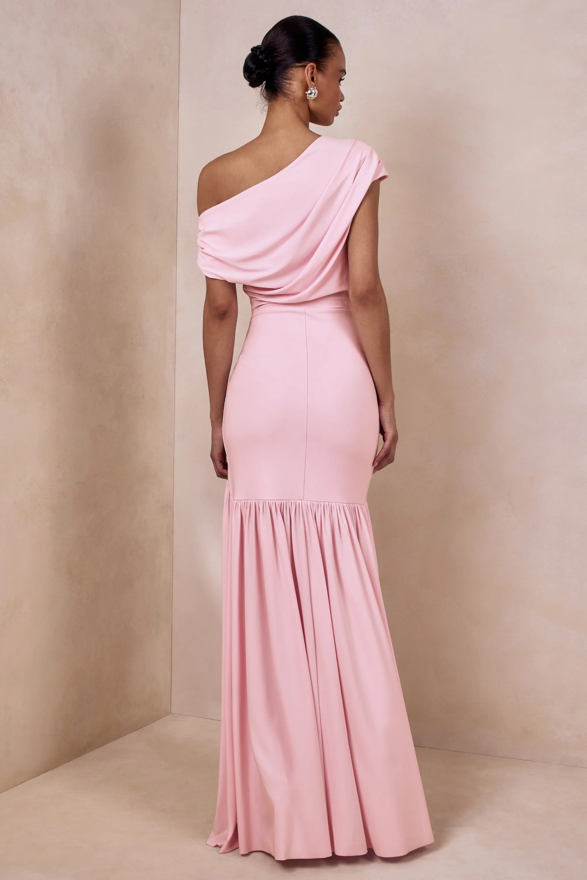 Kady | Pink Asymmetric-Neck Maxi Dress With Ruched Detailing sold by Club L London product image thumbnail 2