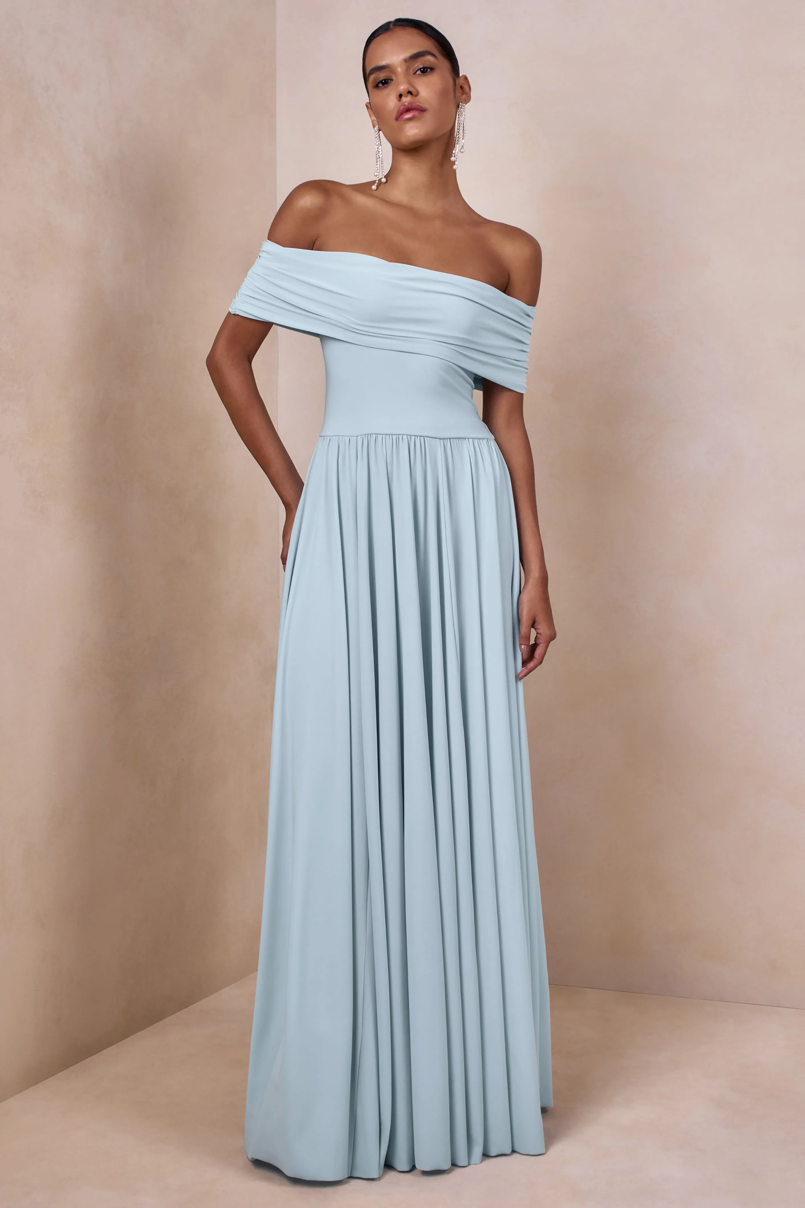 Cindie | Powder Blue Bardot-Neck Maxi Dress sold by Club L London product image thumbnail 4