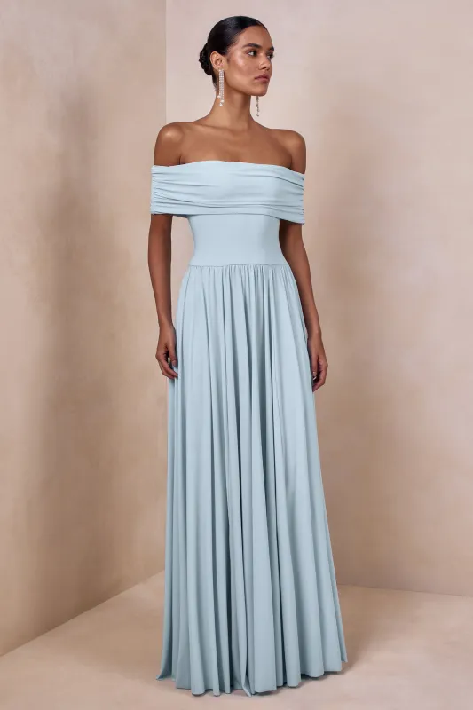 Cindie | Powder Blue Bardot-Neck Maxi Dress sold by Club L London