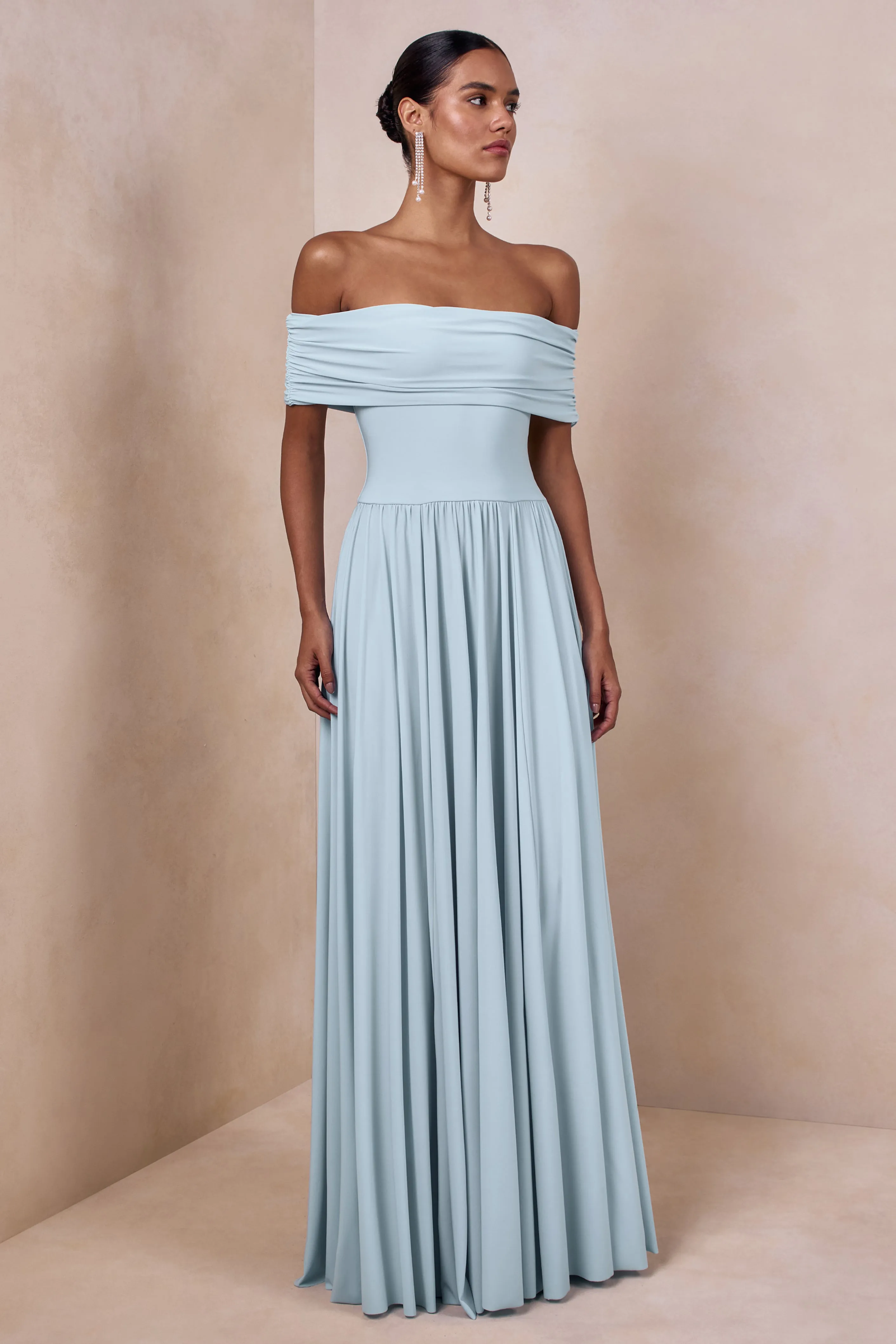 Cindie | Powder Blue Bardot-Neck Maxi Dress sold by Club L London