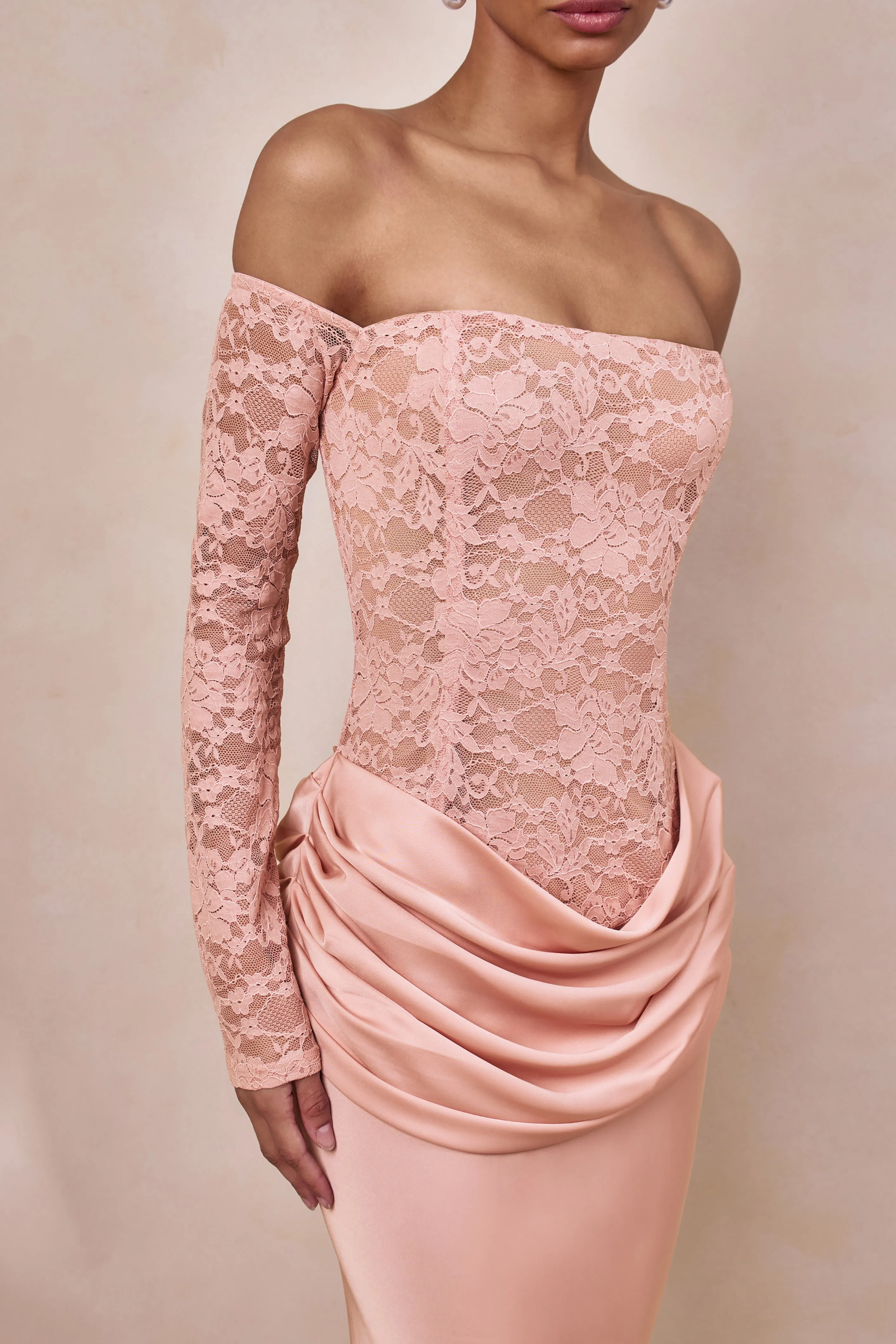 Rinna | Pink Lace And Satin Bardot-Neck Maxi Dress sold by Club L London product image thumbnail 5