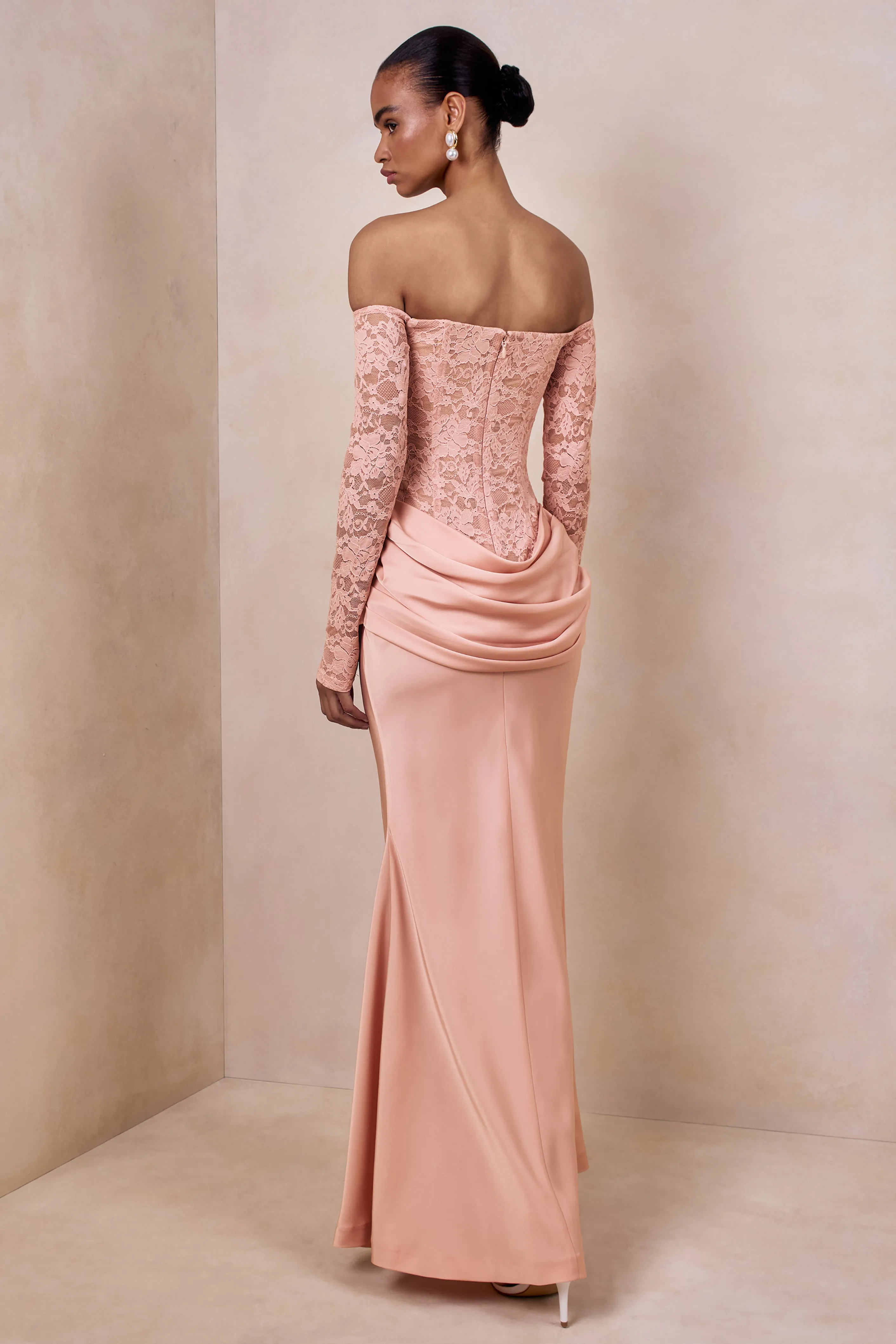Rinna | Pink Lace And Satin Bardot-Neck Maxi Dress sold by Club L London product image thumbnail 3