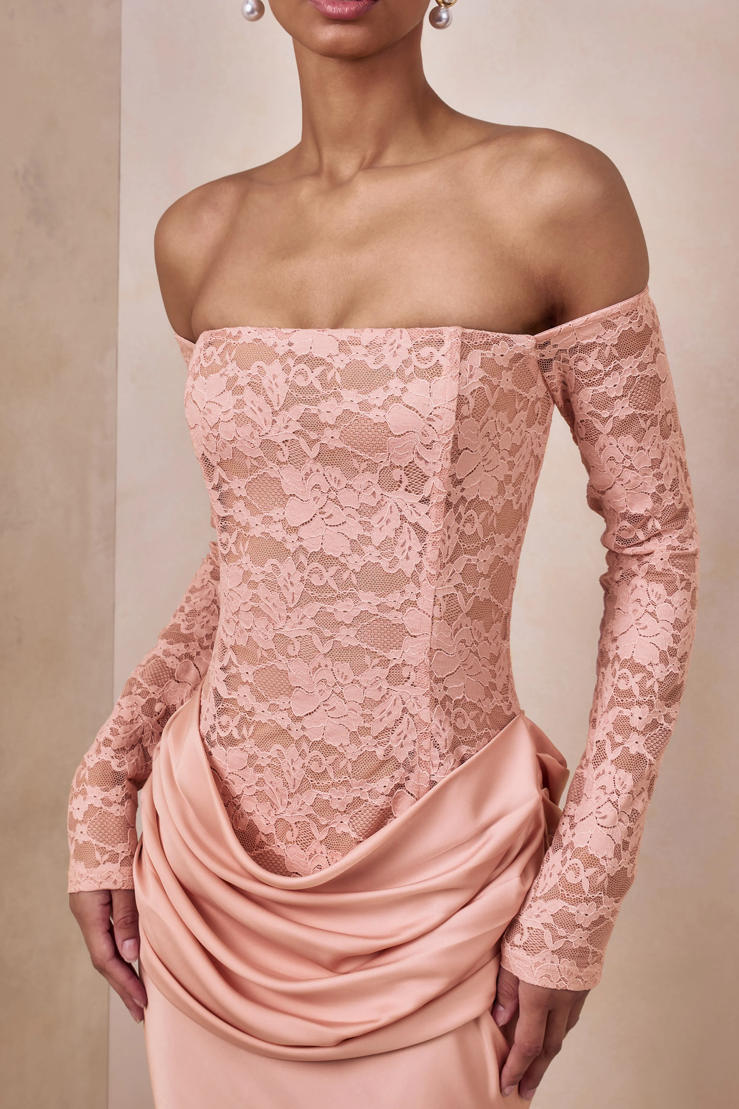 Rinna | Pink Lace And Satin Bardot-Neck Maxi Dress sold by Club L London product image thumbnail 2