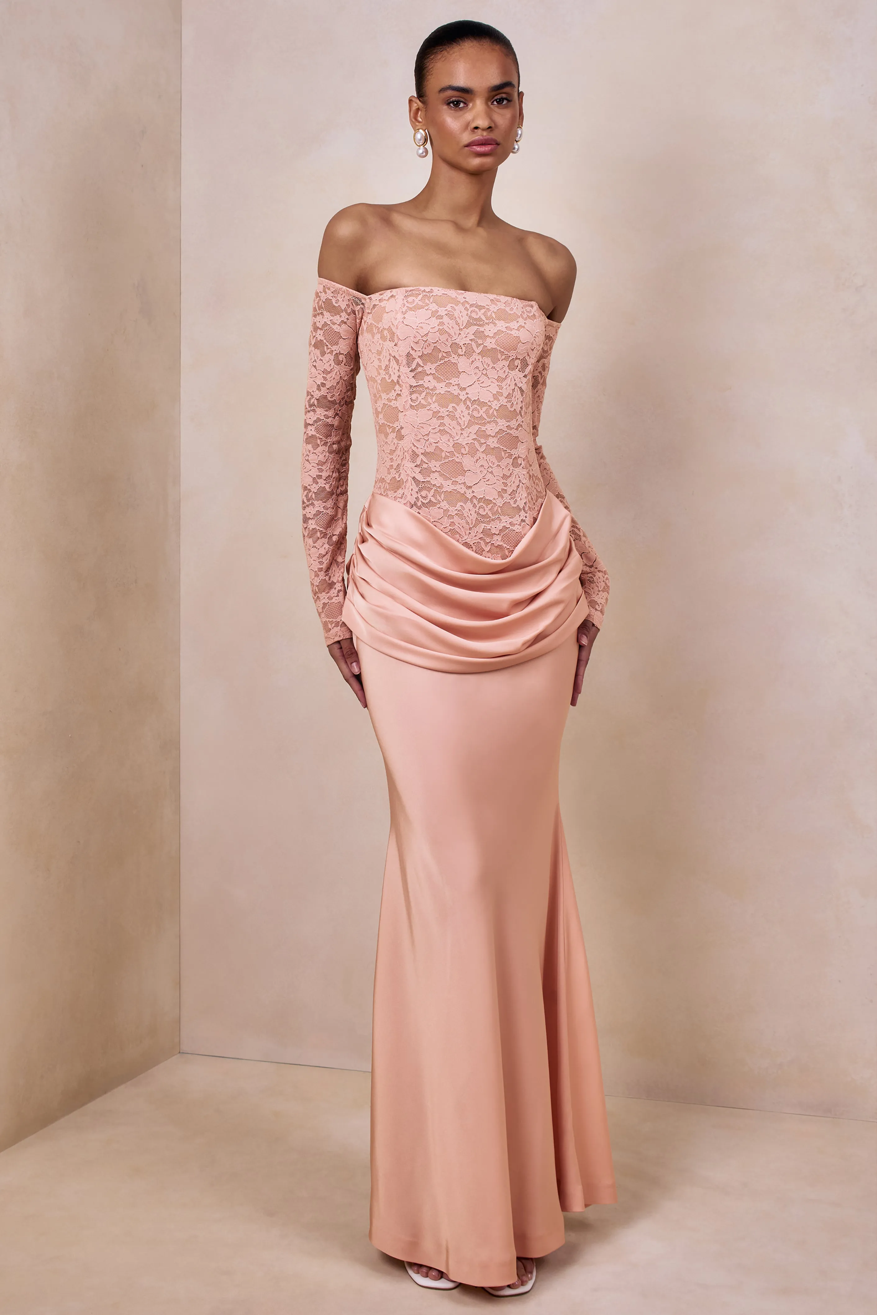 Rinna | Pink Lace And Satin Bardot-Neck Maxi Dress sold by Club L London product image thumbnail 4
