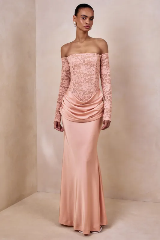 Rinna | Pink Lace And Satin Bardot-Neck Maxi Dress made by Club L London