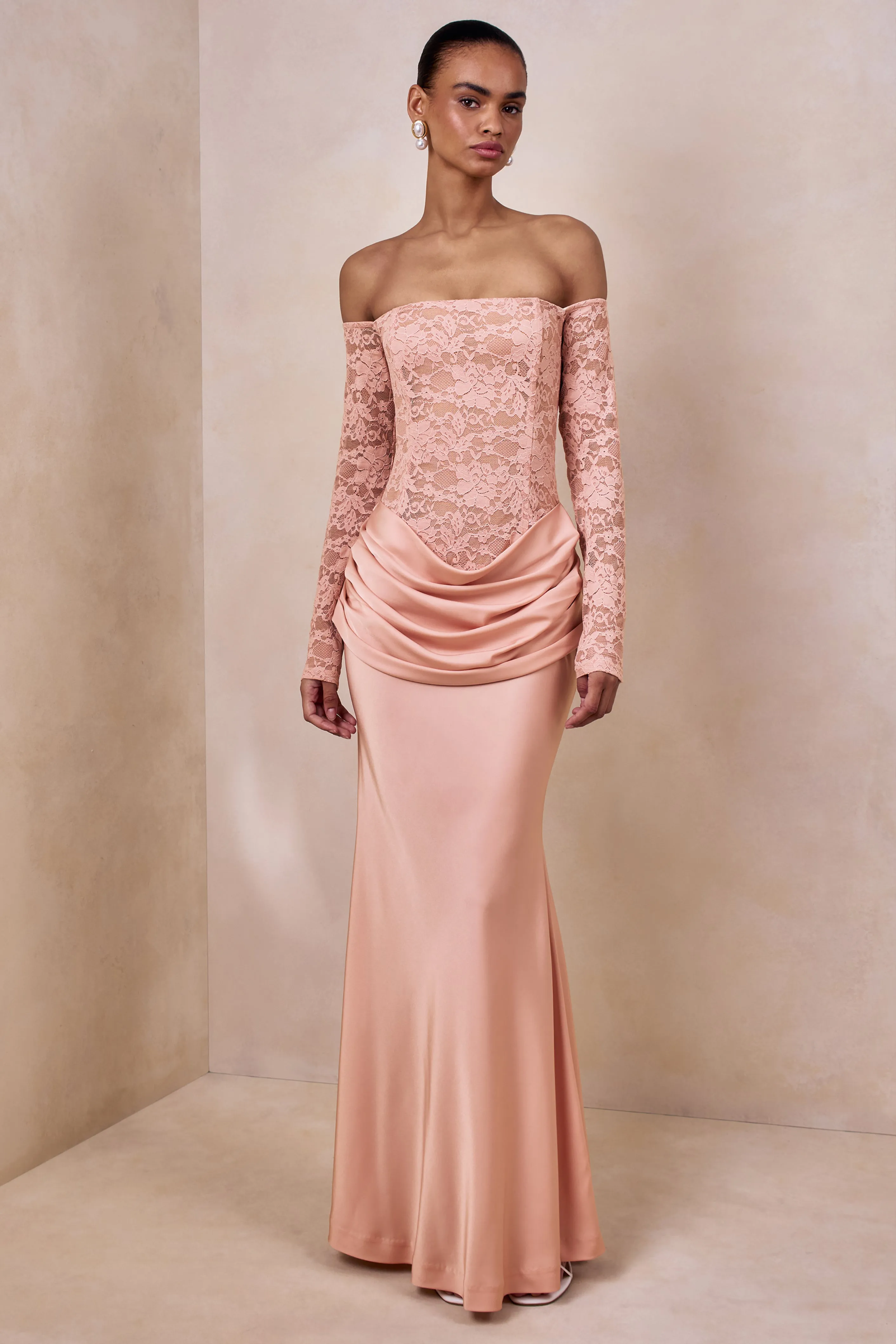 Rinna | Pink Lace And Satin Bardot-Neck Maxi Dress sold by Club L London
