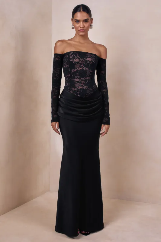 Rinna | Black Lace And Satin Bardot-Neck Maxi Dress made by Club L London
