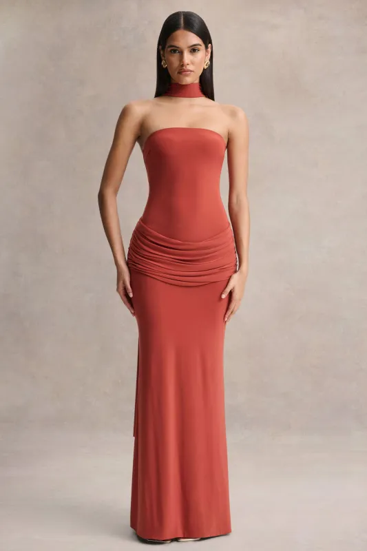 Graciella | Rust Bandeau Maxi Dress With Draped Detailing And Scarf made by Club L London